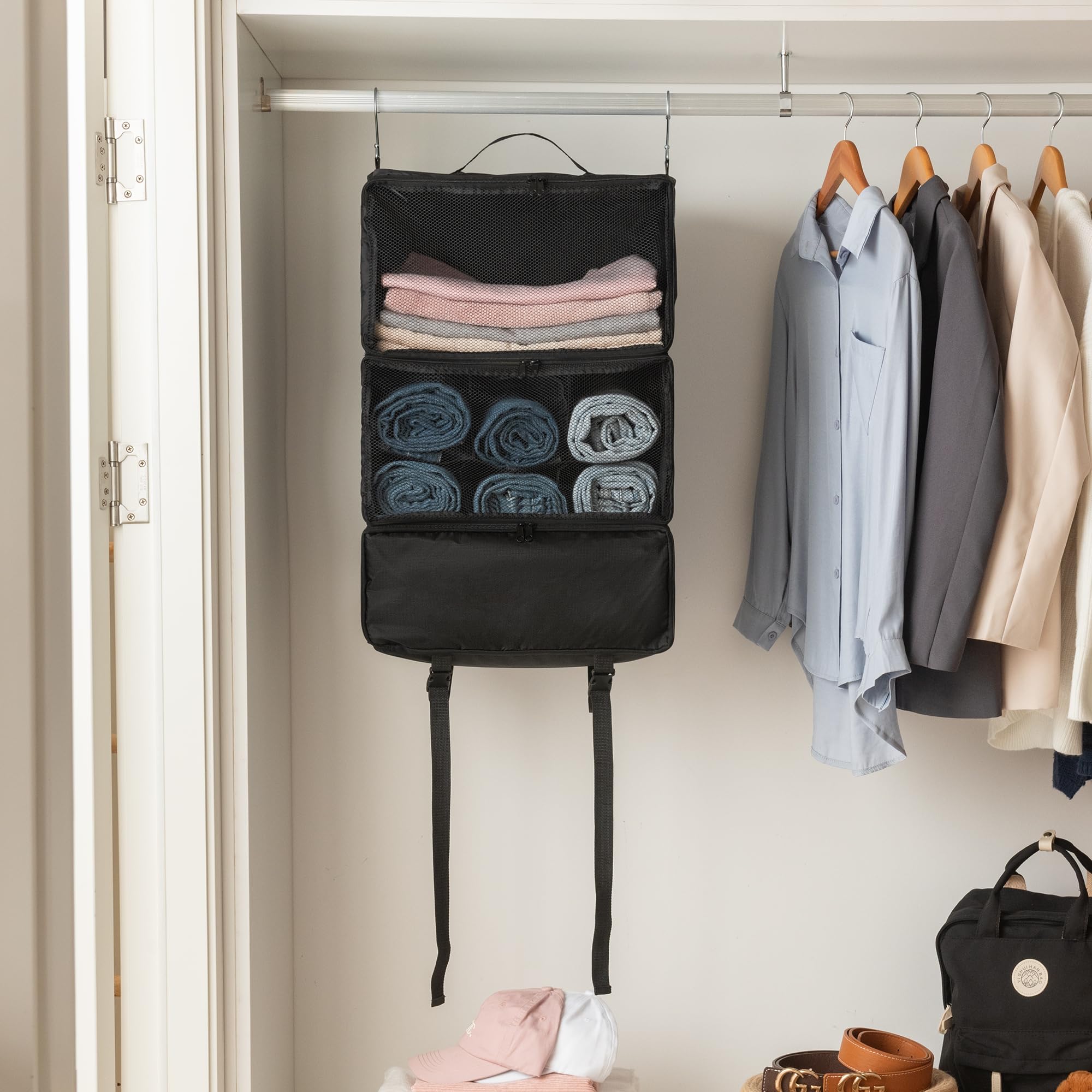 GRANNY SAYS Rangement Suspendu, Grand Organisateur de valises Suspendu Pliable, Cube d'emballage Portable Cube d'emballage à Suspendre Sac de Rangement pour valises et Bagages Noir
