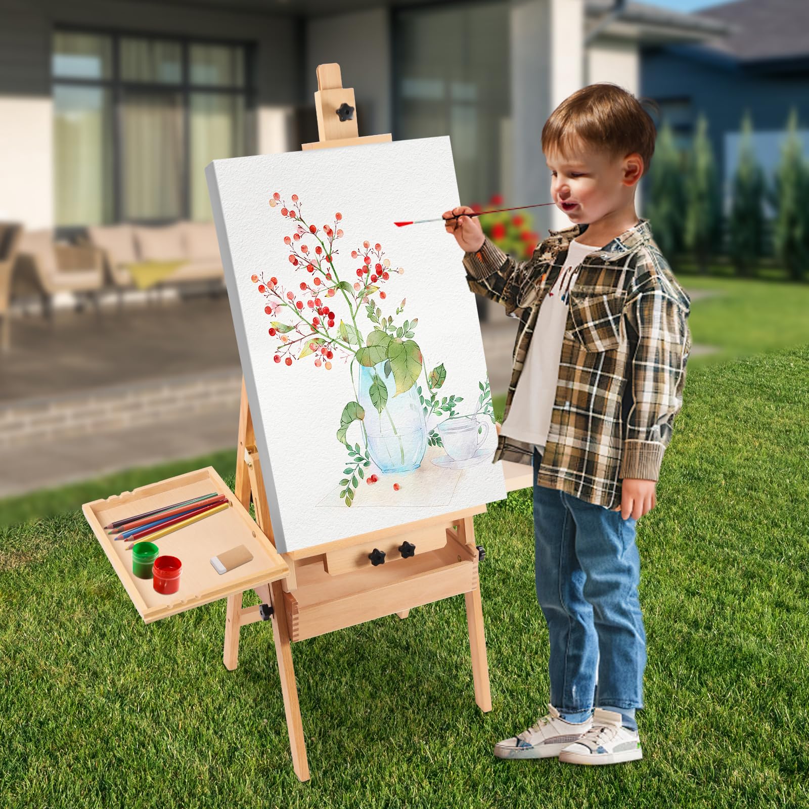 Caballete de taller ajustable de madera, soporte de madera, caballete de estudio con compartimento de almacenamiento, para pintura, soporte de pintura, 44 x 40 x 122-207 cm