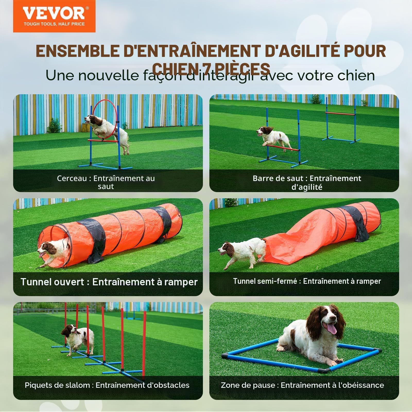VEVOR Kit Équipements d'Entraînement Agilité pour Chien, Ensemble 7PCS, Parcours Obstacles pour Chiot, avec Haies Hautes Réglables, 6 Poteaux, 2 Tunnels, Anneau de Saut, Boîte Pause, Sifflet, Bol