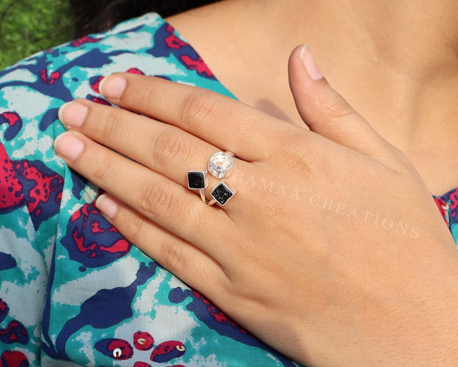 Raw Herkimer Diamond & Black Tourmaline Ring | Handcrafted Sterling Silver 925 Jewelry - Image 8