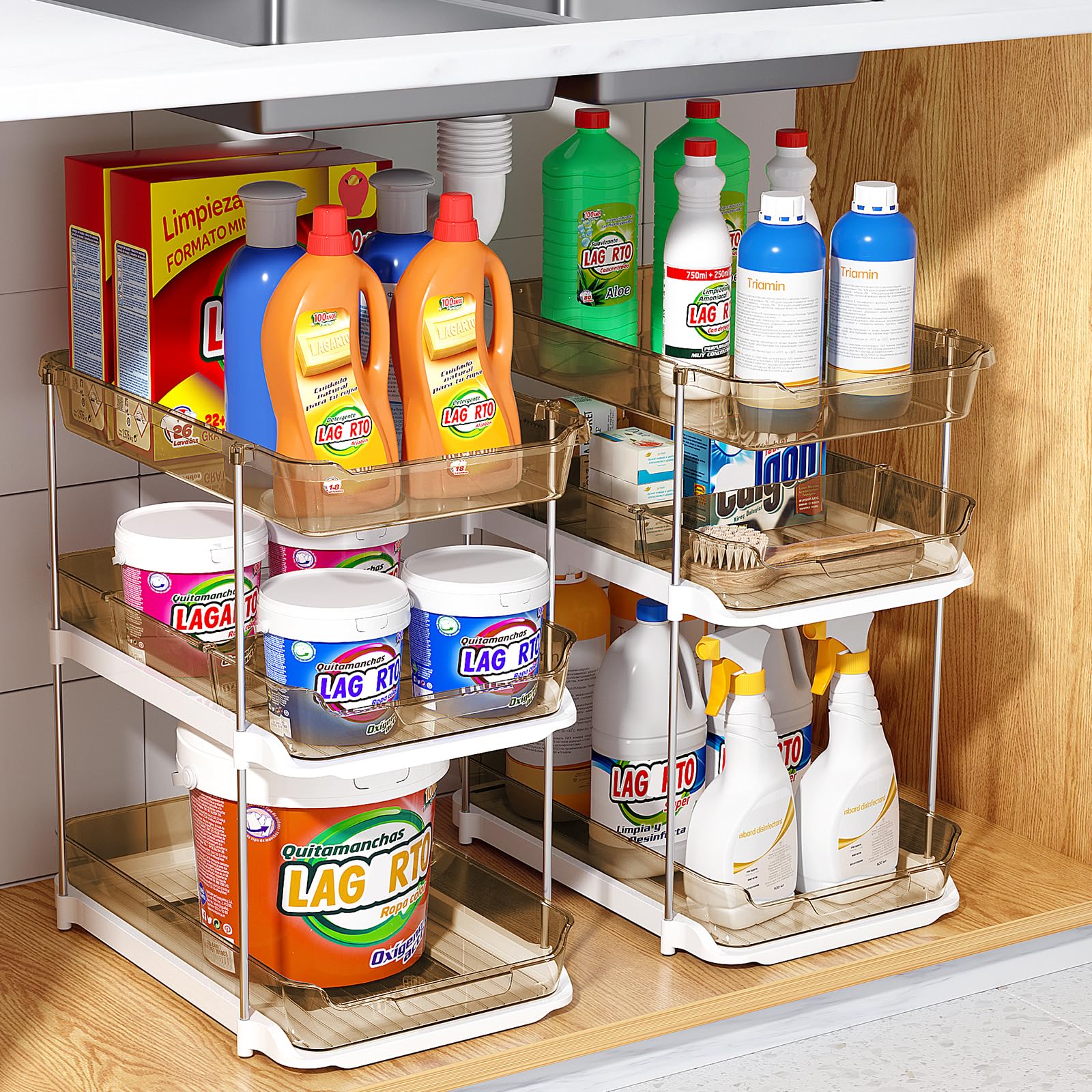 Delamu Confezione da 2 organizer da bagno a 3 ripiani, multiuso, impilabili, per dispensa e stoccaggio, estraibili, trasparenti, con divisori mobili, color ambra