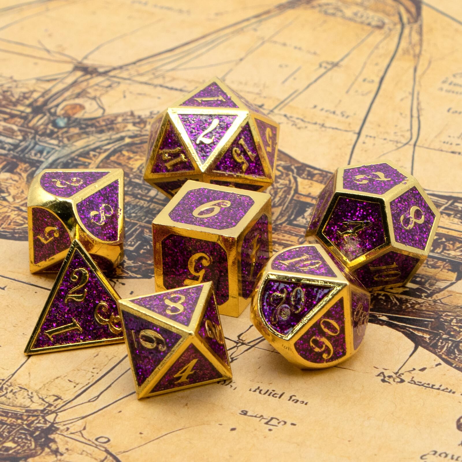 Polyedrische D&D-Würfel aus Metall für Dungeons and Dragons RPG DND-Würfel für Rollenspiele, MTG, Tisch, Gaming, Shadowrun Pathfinder, 7 Stück, D20, D12, D10, D8, D6, D4 (Gold Glitter Purple)