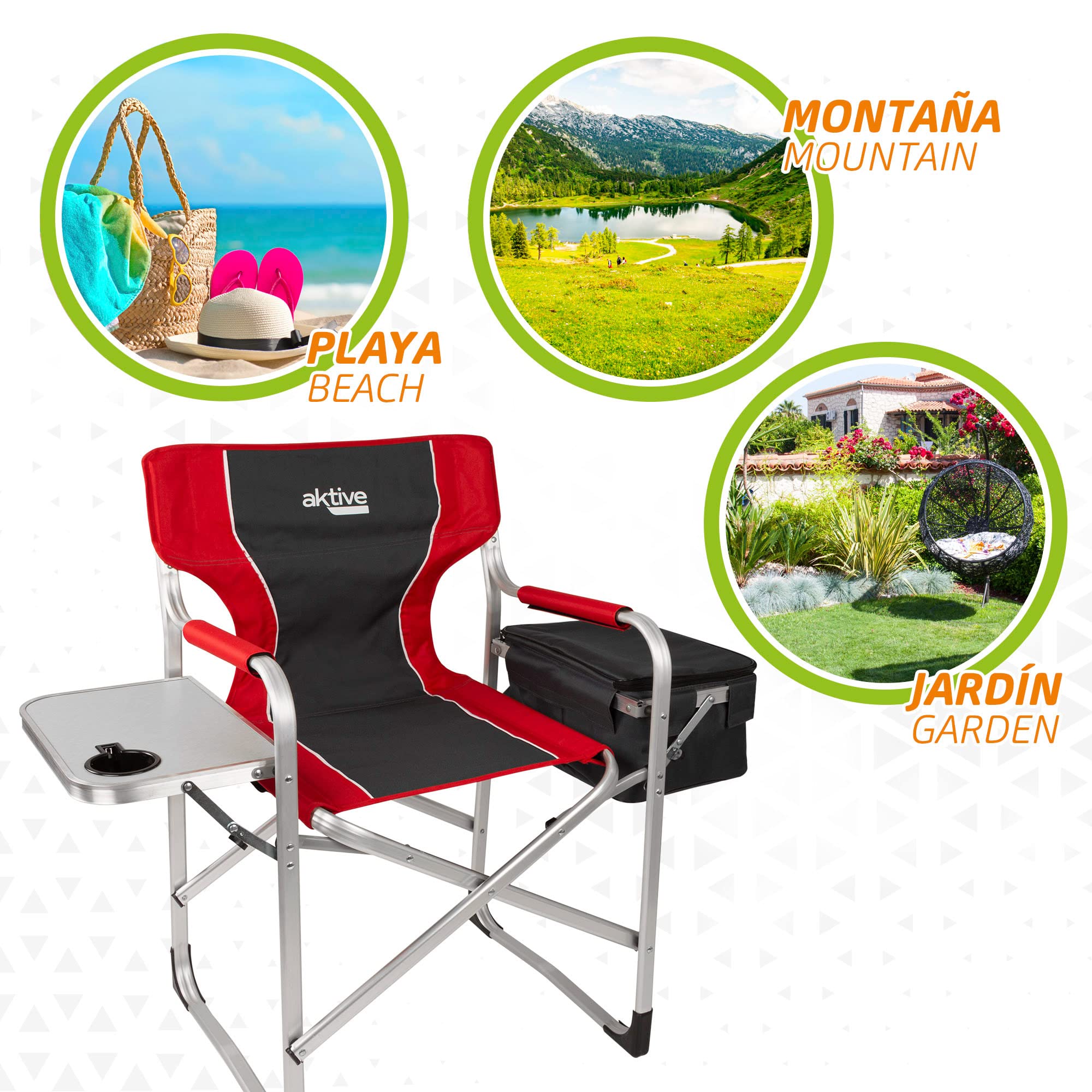 AKTIVE 63000 - Silla Plegable Camping portátil con Soporte ara Botellas y Bolsa térmica, Silla Camping Plegable 61x48x92,5cm, Resistente y Ligera, Silla Director Plegable antivuelco