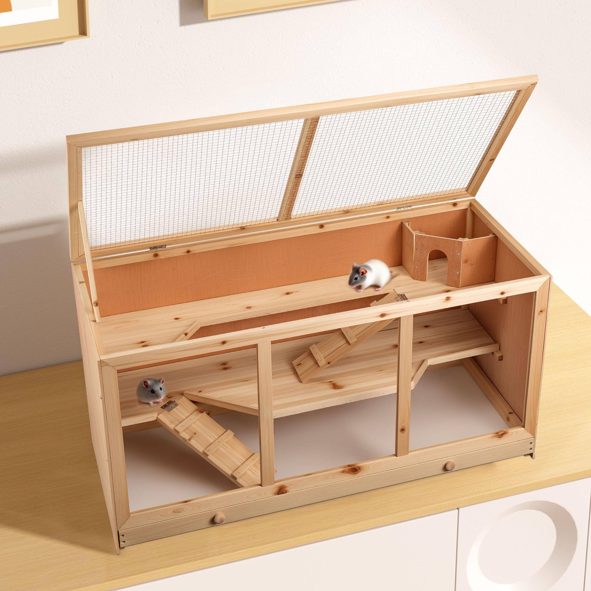 Wiltec Clapier XXL – 115 x 60 x 58 cm – 2 étages – Bois Sapin – avec Esaclier, Couvercle Rabattable et façade vitrée – Cage pour rongeurs Hamsters Souris Rats Lapinière Nichoir