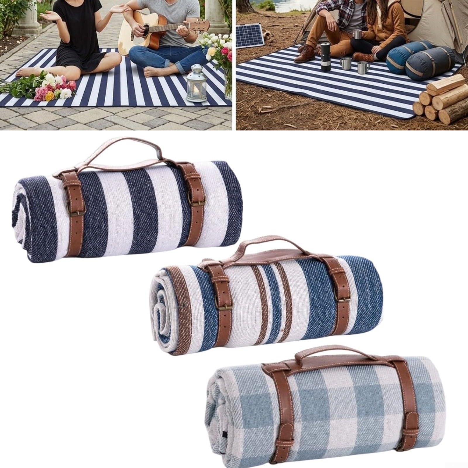 Picknickdecke Wasserdicht 200x200cm, 3-Schichtig Faltbar & Sandfest für 6-8 Personen, für ideal für Strand Camping Park(1.5 * 2m Light blue plaid)
