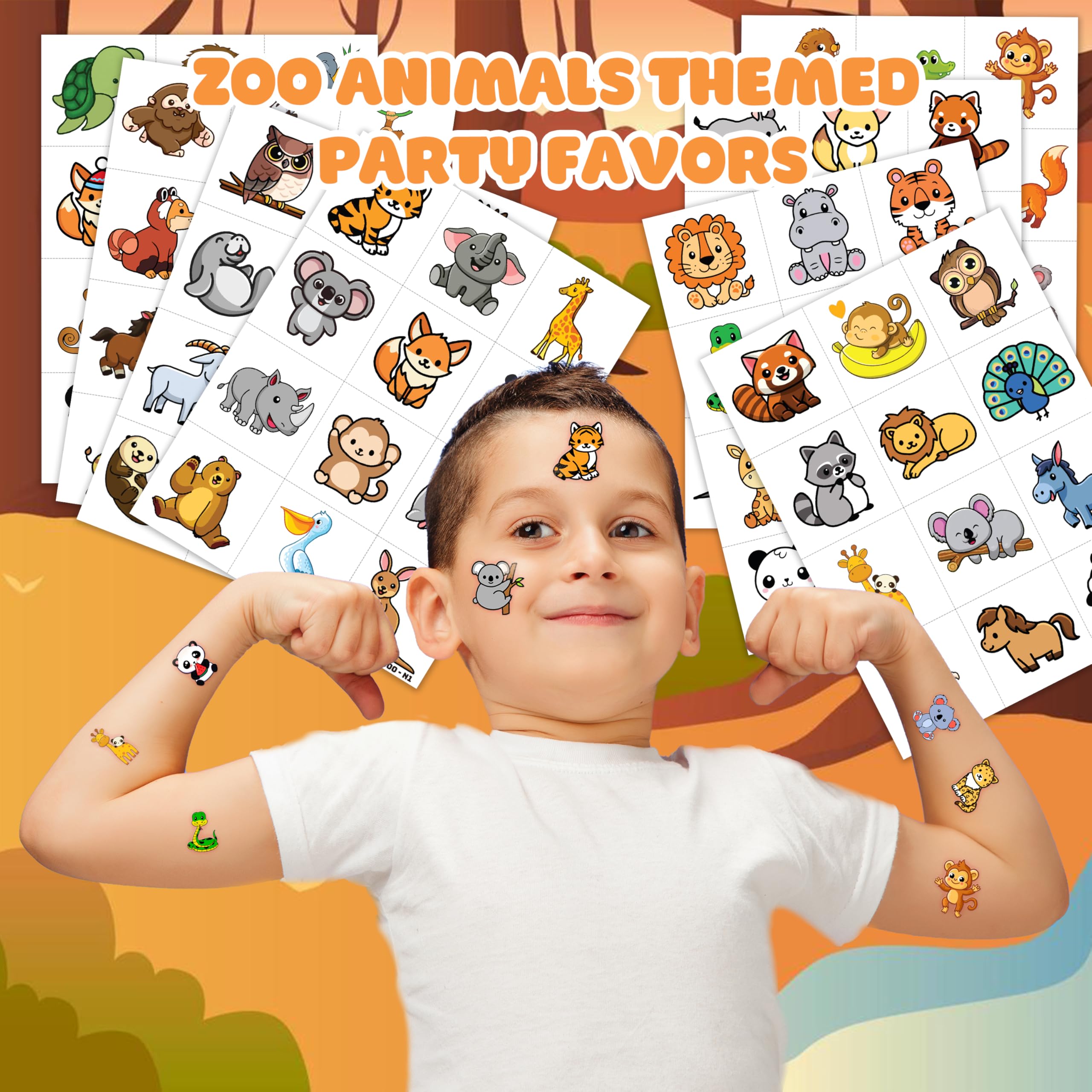 Zoo Pre-cut Temporary Tattoos (8 Sheets 96PCS) Jungles Party Decorations Supplies Favors Safari Animals Theme Birthday Cute Stickers Christmas Gifts for Boys Girls Class School Prizes Carnival