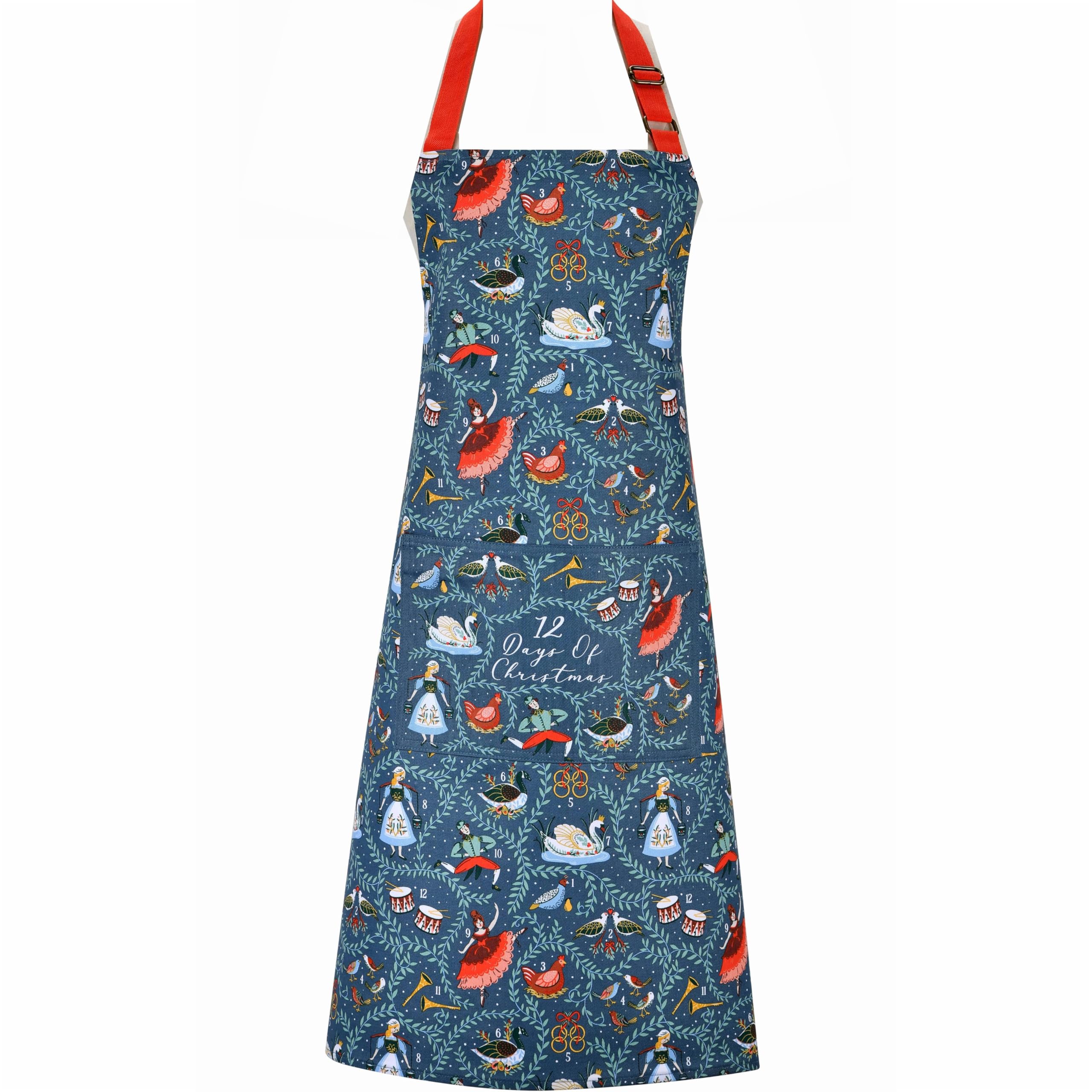 Ulster Weavers Berry Red Blue Cotton Apron With 12 Days Of Christmas Design By