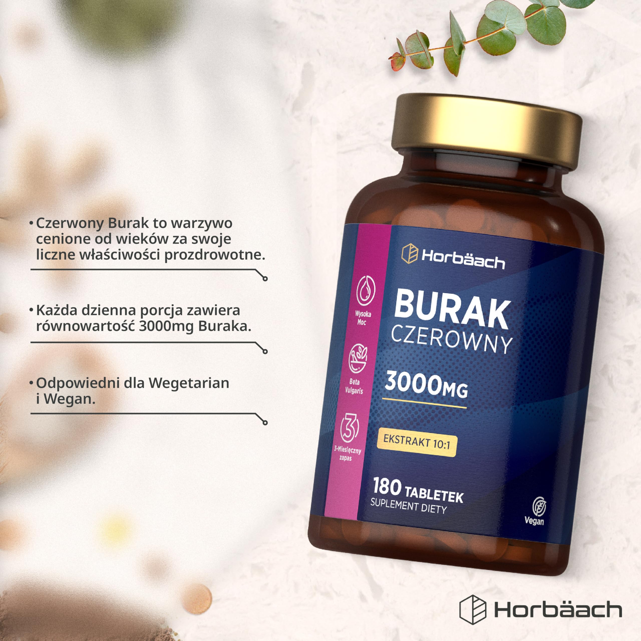 Burak Tabletki 3000mg | 10:1 Ekstrakt | Wysokiej Mocy Suplement z Buraka | 180 Tabletek Wegańskich (zapas na 3 miesiące) | Tlenek azotu | marki Horbaach