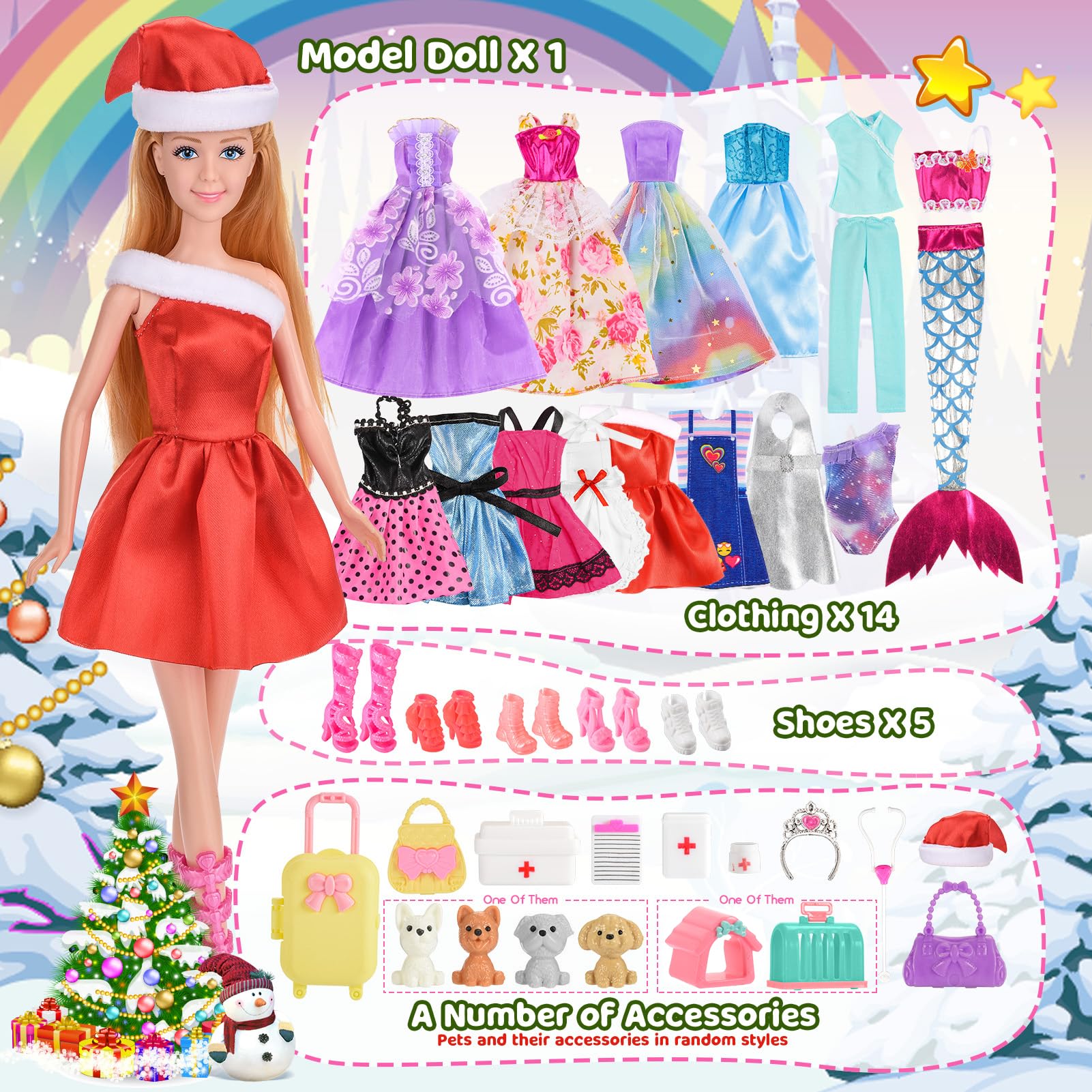 HappyGoLucky Calendario Avvento 2025 con 24 Sorprese, Giochi & Regalo Bambina 3 4 5 6 7 8 9 10 Anni - Set con Bambole, Vestiti e Accessori - Regali Natale per Bambini in Confezione