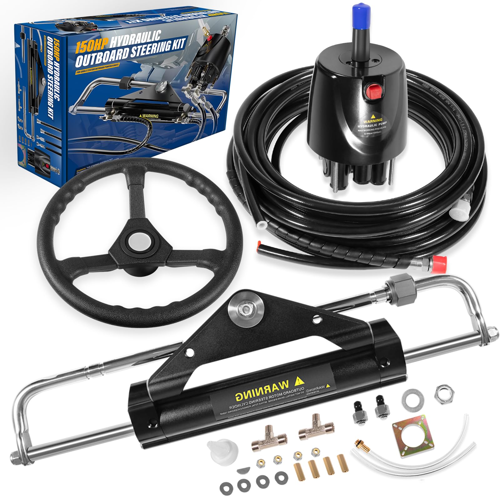 150HP Outboard Hydraulic Steering Kit with 13" Steering Wheel,Helm Pump, Cylinder & 26.8ft Cuttable Hoses for Yamaha/Honda/Suzuki/Mercury Engines – Corrosion-Resistant, Bi-Directional Locking System
