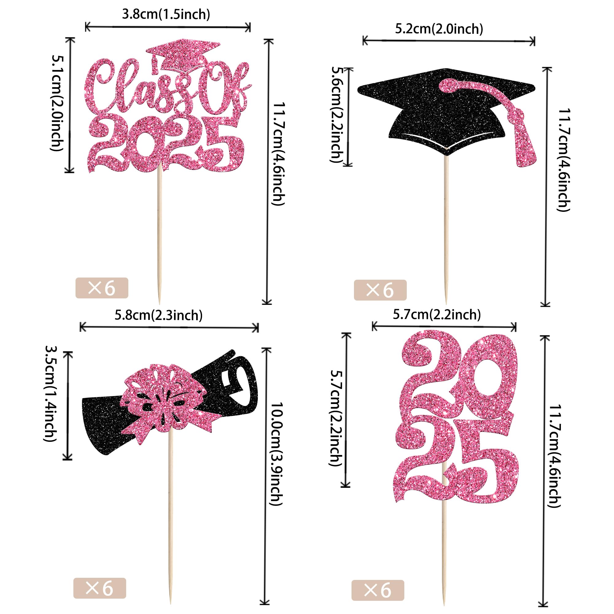24 PCS 2025 Graduation Cupcake Toppers Glitter Diploma Congrats Grad Cap Cupcake Picks Class of 2025 Cake Decorations for 2025 School Graduation Theme Party Cake Decorations Supplies Pink