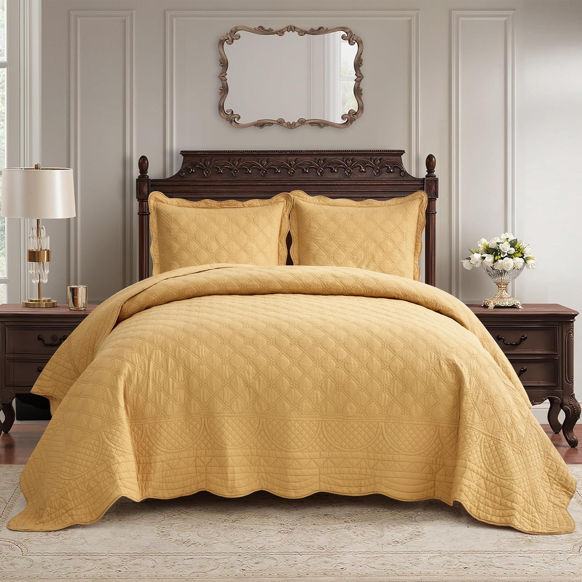 CHIXIN Cotton Bedspread Full Size - Real Stitching - Luxury Quilted Bedding Cover for All Season, Reversible, Ultra Soft, Lightweight, 3 Piece, Honey Gold
