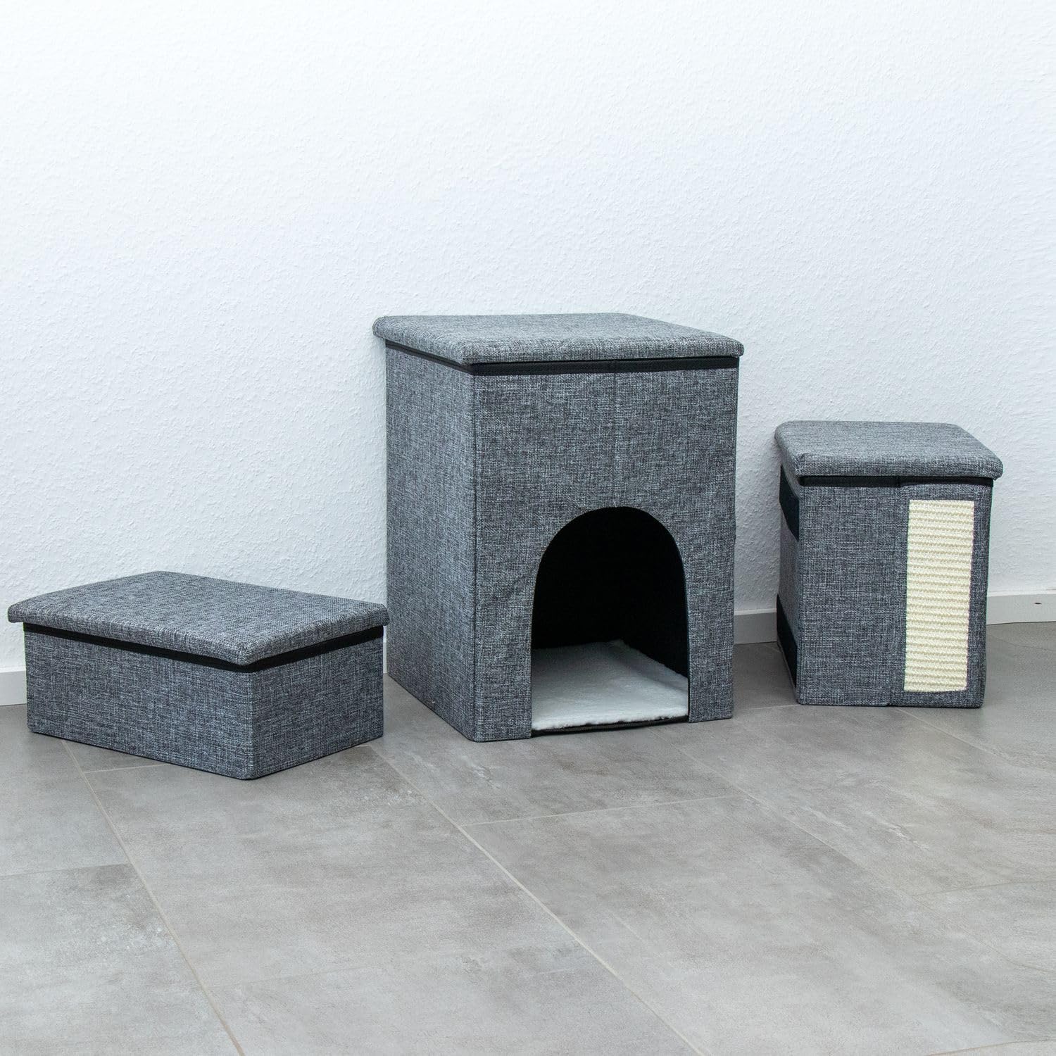 Intirilife Scale per cani pieghevoli con 3 gradini in grigio -72x32,5x43 cm- scale per animali domestici con vano portaoggetti -scala per gatti tiragraffi- box portaoggetti, per divano letto divano