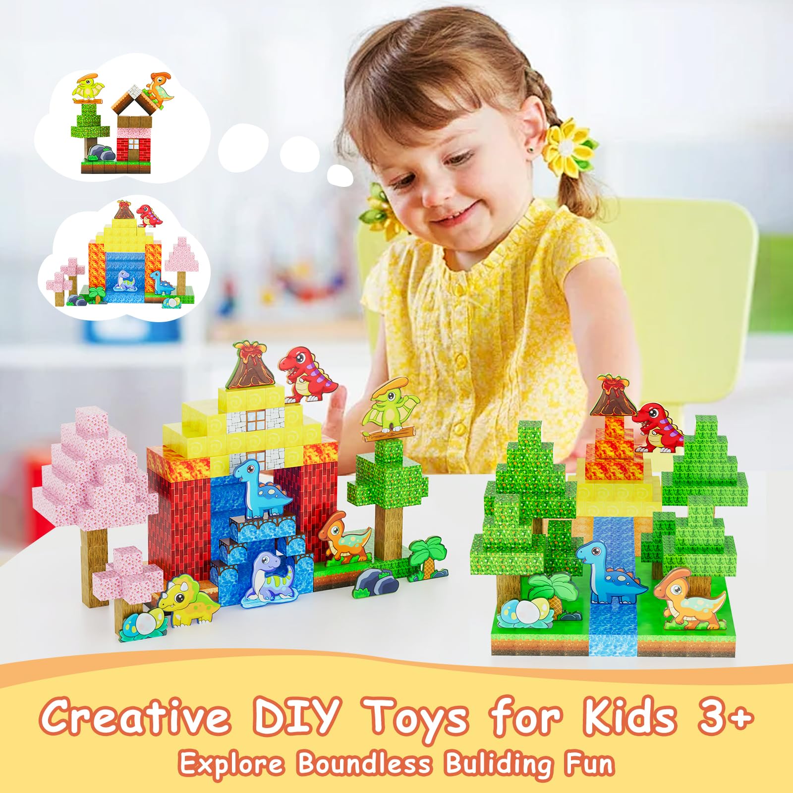 100-Piece Dinosaur Volcano Magnetic Building Blocks - STEM Montessori Sensory Toys For Kids Ages 3-8 - Creative Educational Gift For Boys & Girls