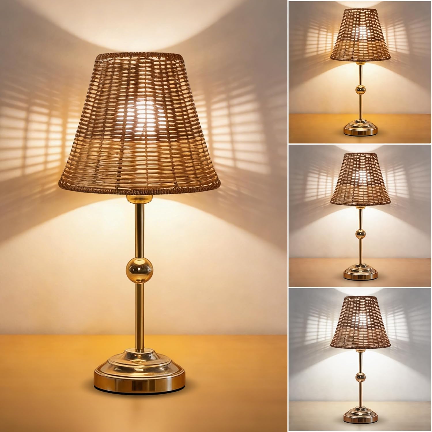 Rattan Table Lamp,LED Beside Lamps,Vintage Wicker Night Light,3 Way Color Temperature Reading Lights,Boho Desk Lamp for Bedroom Living Room Dining Home Decoration