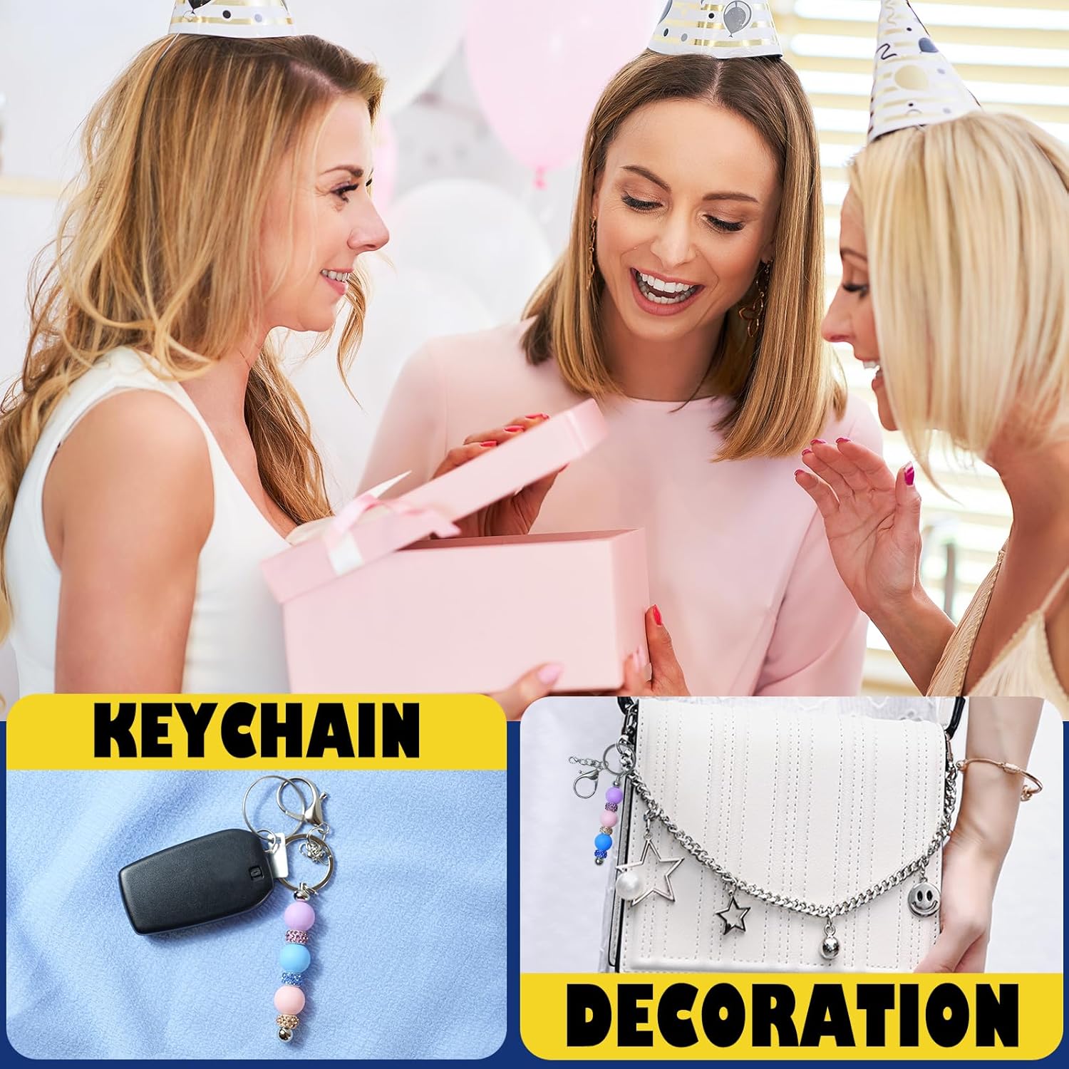 LEIOSAGN 180pcs Silver DIY Beadable Keychains Making Kit with 120pcs15mm Silicone Beads and Spacer Beads, 20 Blank Beadable Keychain Bars in 2 Shapes, 20 Thank You Cards, 20 Resealable Pouch Bag - Image 6