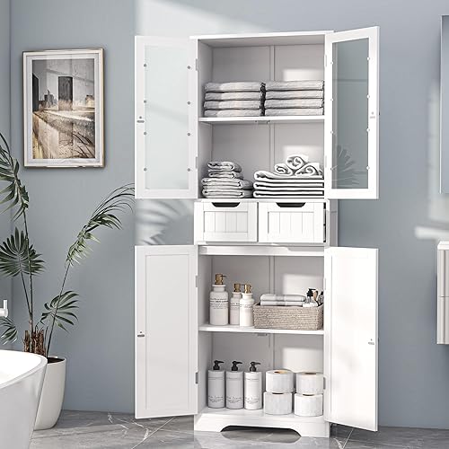 Miniatura 3 de Betterhood Armario de Almacenamiento de Baño de 67 Pulgadas de Alto, Gabinete de Ropa Blanca Independiente con Puertas de Vidrio y Estantes, Armario