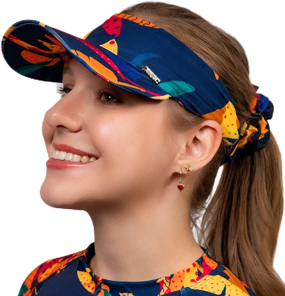 Kit Viseira De Praia + Scrunchie Estampadas para Caminhada Beach Tênis Uv50+