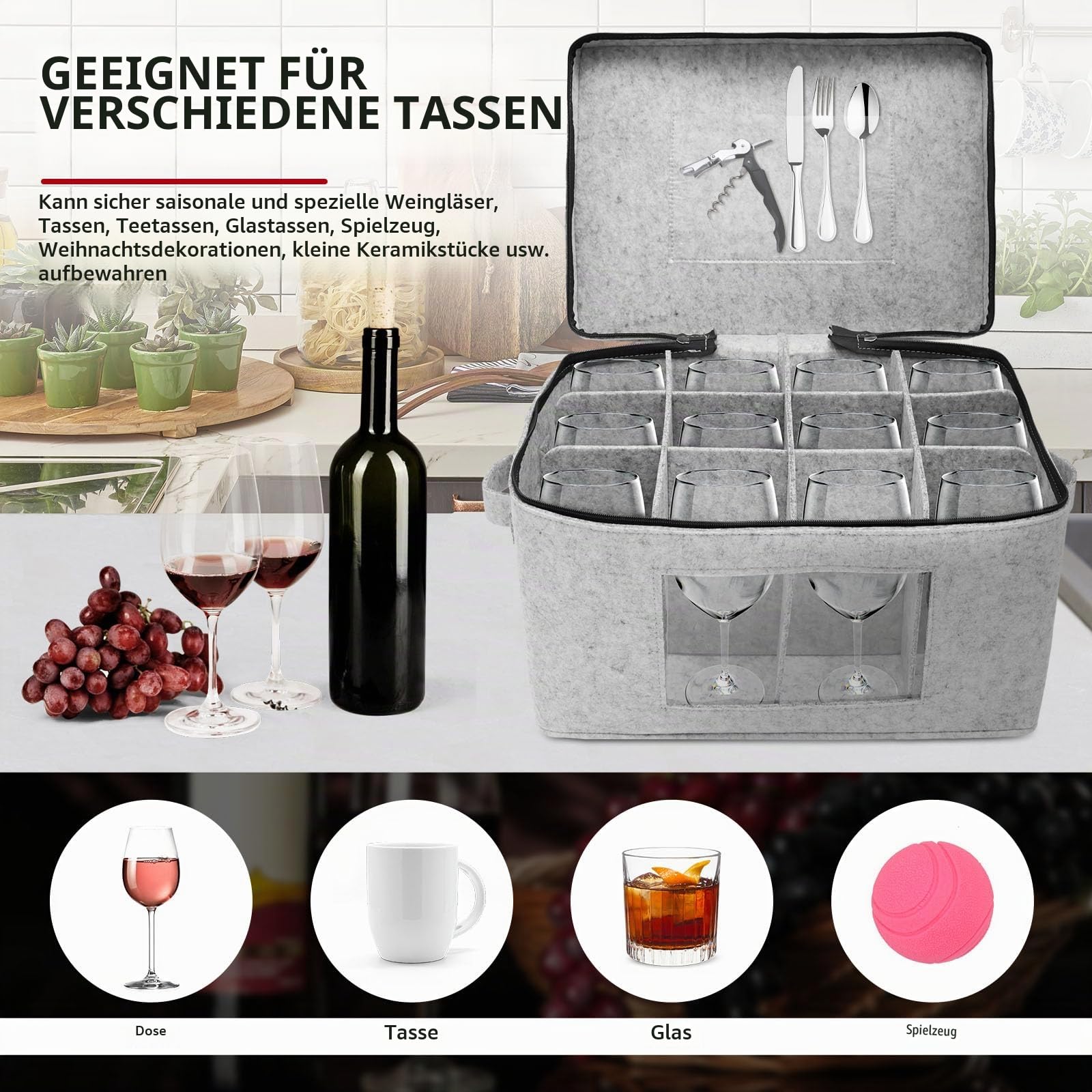 KEGAJEGA Aufbewahrungsbox für Weingläser mit 12 Trennwand Transparentes Fenster 40x29x25,5cm Aufbewahrungsbox für Stielgläser Filz Stapelbar Gläserkarton Weingläser zur Aufbewahrung von Weingläsern Küche, Haushalt & Wohnen