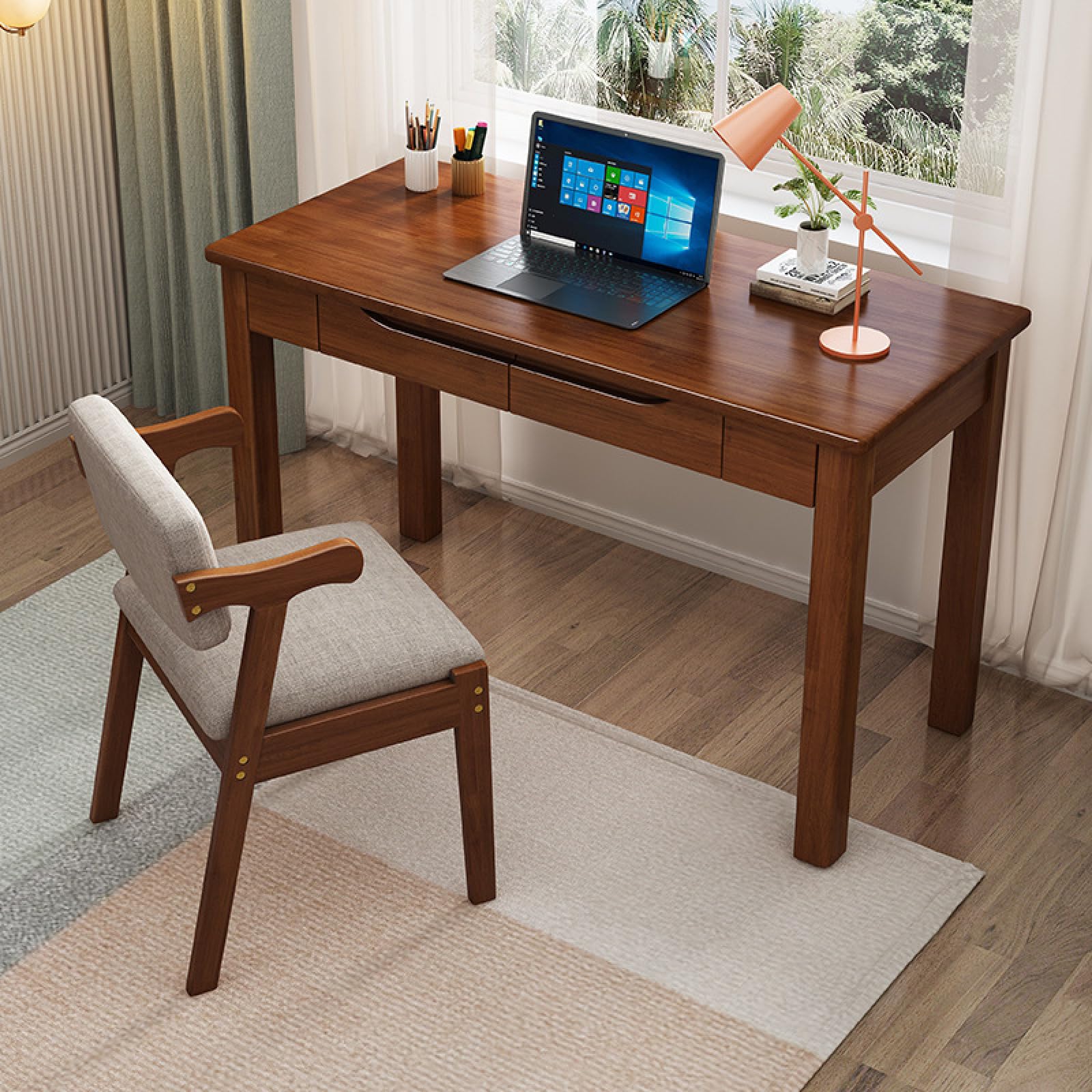 ASerZenith Solid Oak Wood Desk - Small Writing Study Table With 2 Drawers - Modern Home Office Computer Desk,Walnut-39 Inch