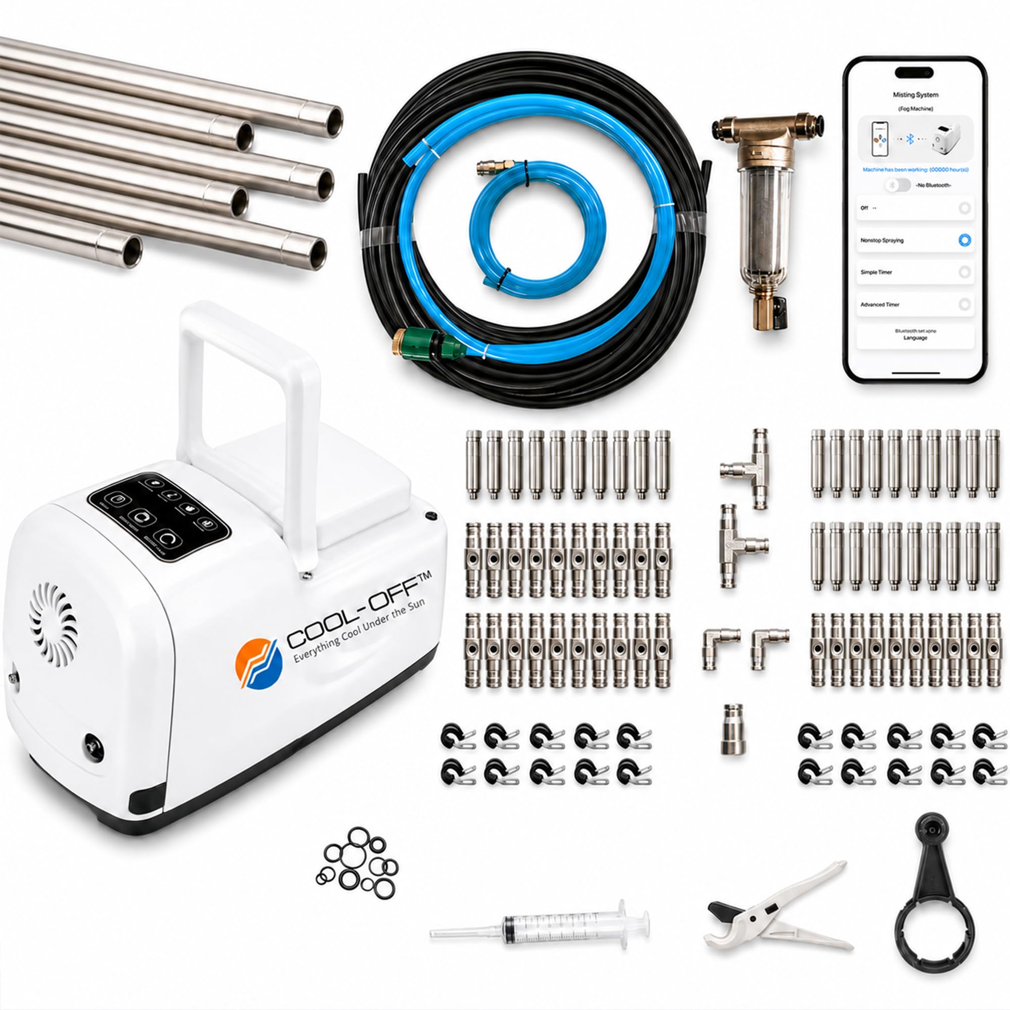 60’ High-Pressure Mist Cooling System Kit with Premium Edition Remote Pump W/App Control Comes with the Upgraded CO300 Pump (.008-30 nozzles) (Black 1/4" Tubing 60 ft)