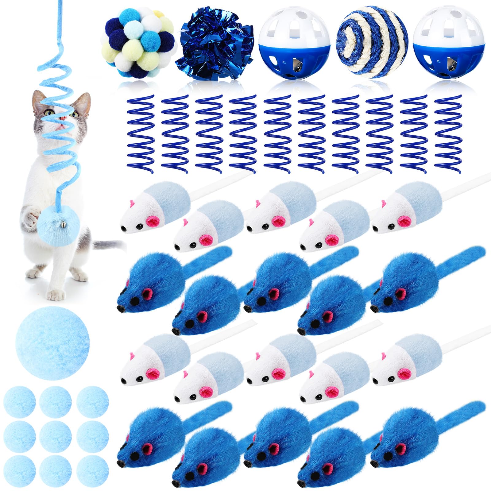 Gemscream Paquete de 46 juguetes interactivos para gatos a granel con ratones de piel, sonajero, juguetes para gatos, resortes para gatos, bolas arrugadas, pompón, campana, bola de sisal, rompecabezas
