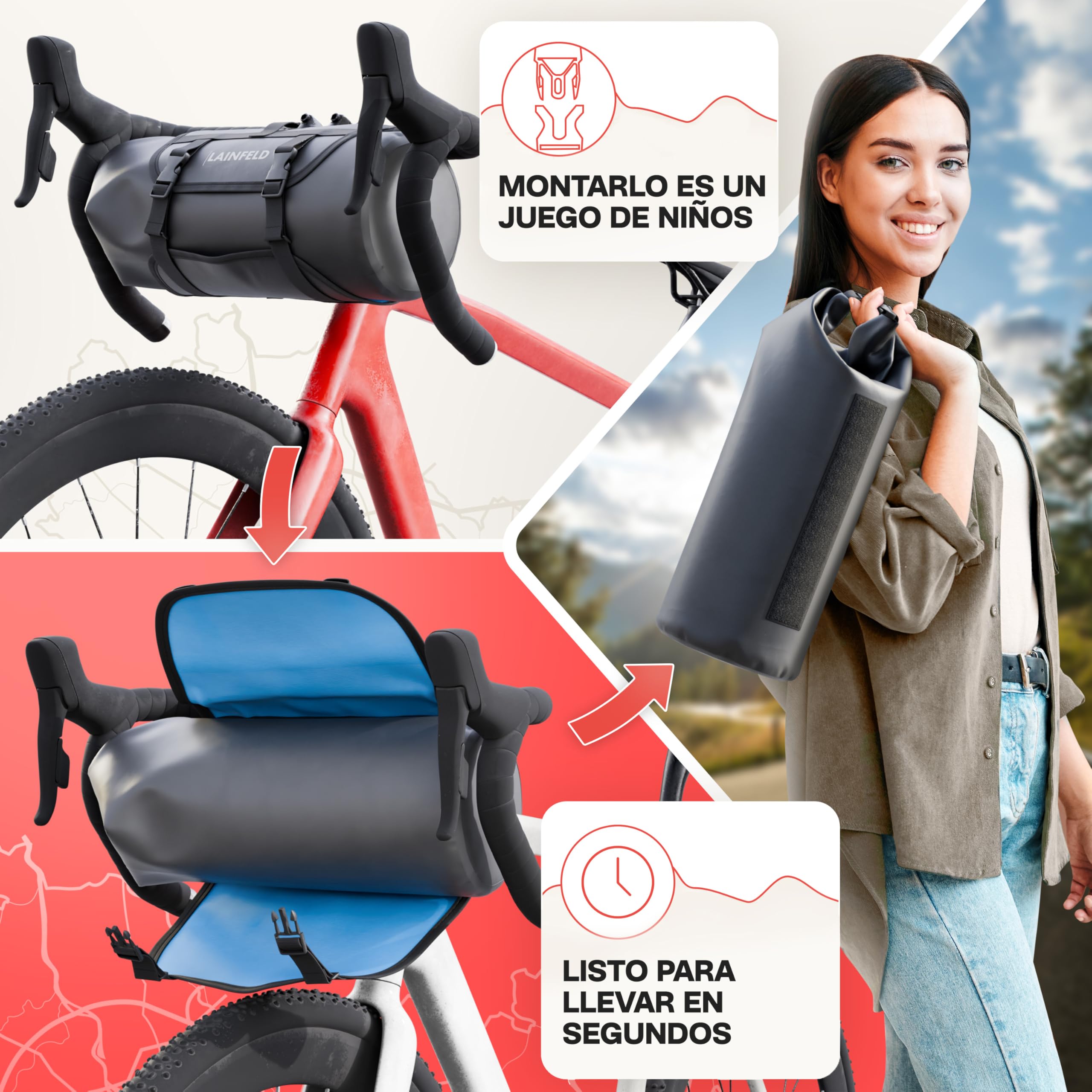 LAINFELD Bolsa para manillar de bicicleta [8 litros] | 100% impermeable | impresión reflectante – Bolsa para manillar de bicicleta delantera