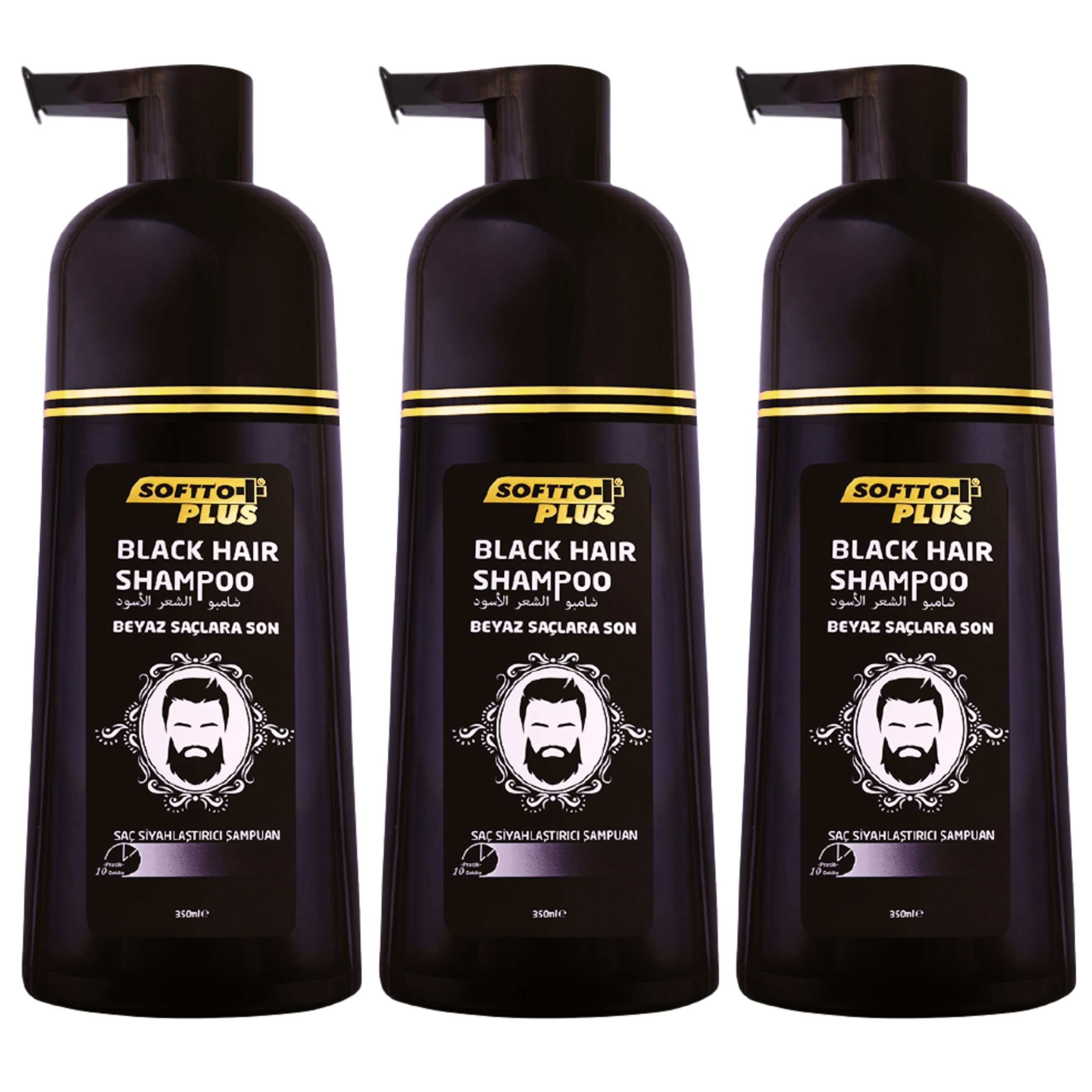 Softto+ Plus Black Hair szampon, zakrywa białe i siwe włosy w ciągu 10 minut, bez plam, w zestawie rękawiczki, dla kobiet i mężczyzn, 3 x 350 ml zawartość/czarny