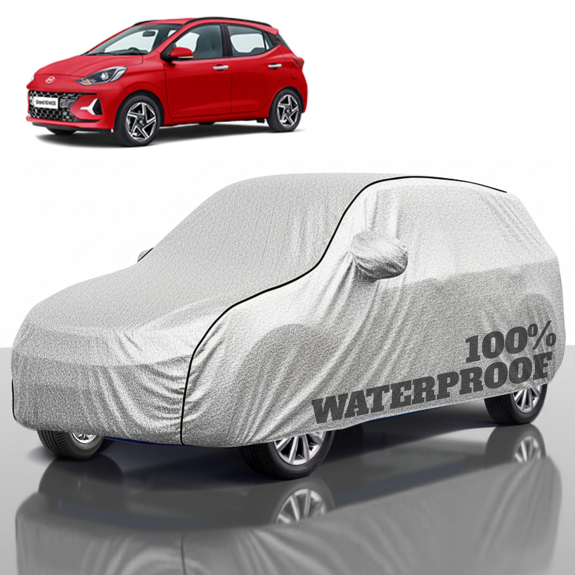 Premium Polyester Car Cover Grand i10 All-Weather Protection from Rain, Dust &amp; Sun | UV Resistant Fabric | Full Body Secure Fit for Outdoor &amp; Indoor Parking Silver