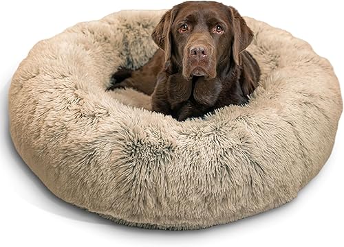 Best Friends by Sheri The Original Calming Donut - Cama para gatos y perros en piel de pelo largo, algodón color gris, talla L, 36 x 36 pulgadas