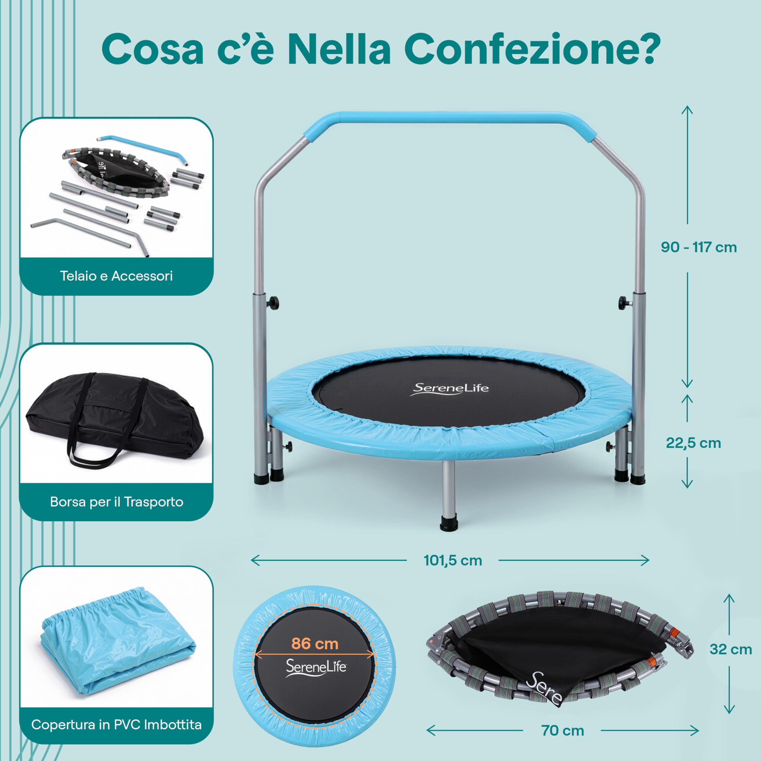 SereneLife Trampolino Elastico per Bambini Pieghevole 102 cm, Trampolino per Palestra in Casa con Maniglia in Schiuma, Giochi Bambini fino a 100 kg