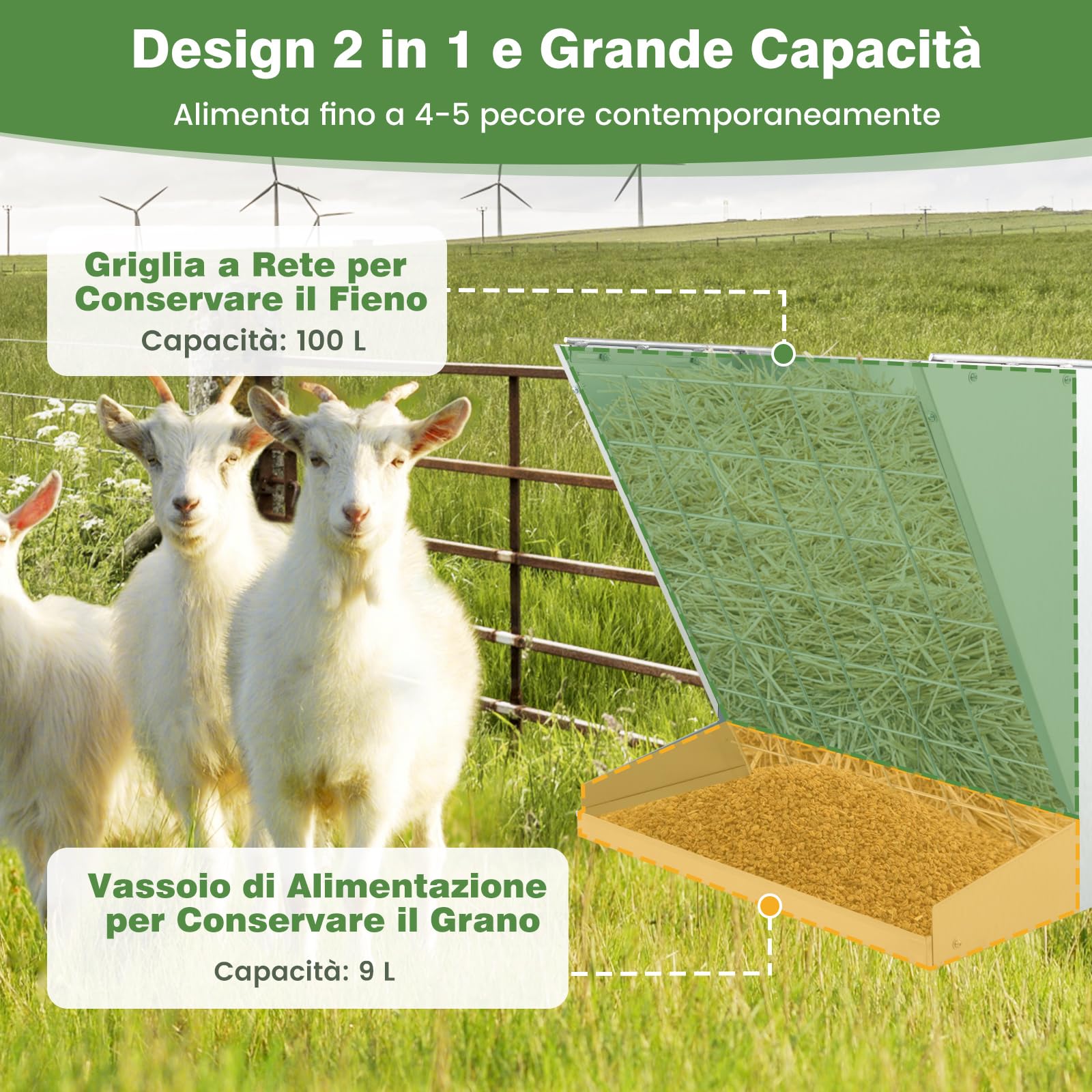 COSTWAY Mangime per Fieno a Parete 83L, Mangiatoia 2-in-1 per Fieno e Cereali in Metallo Zincato con Distanza Regolabile, Rete a Maglia e Vassoio,Mangiatoia per Cavalli, Pecore, Mucche e Maiali