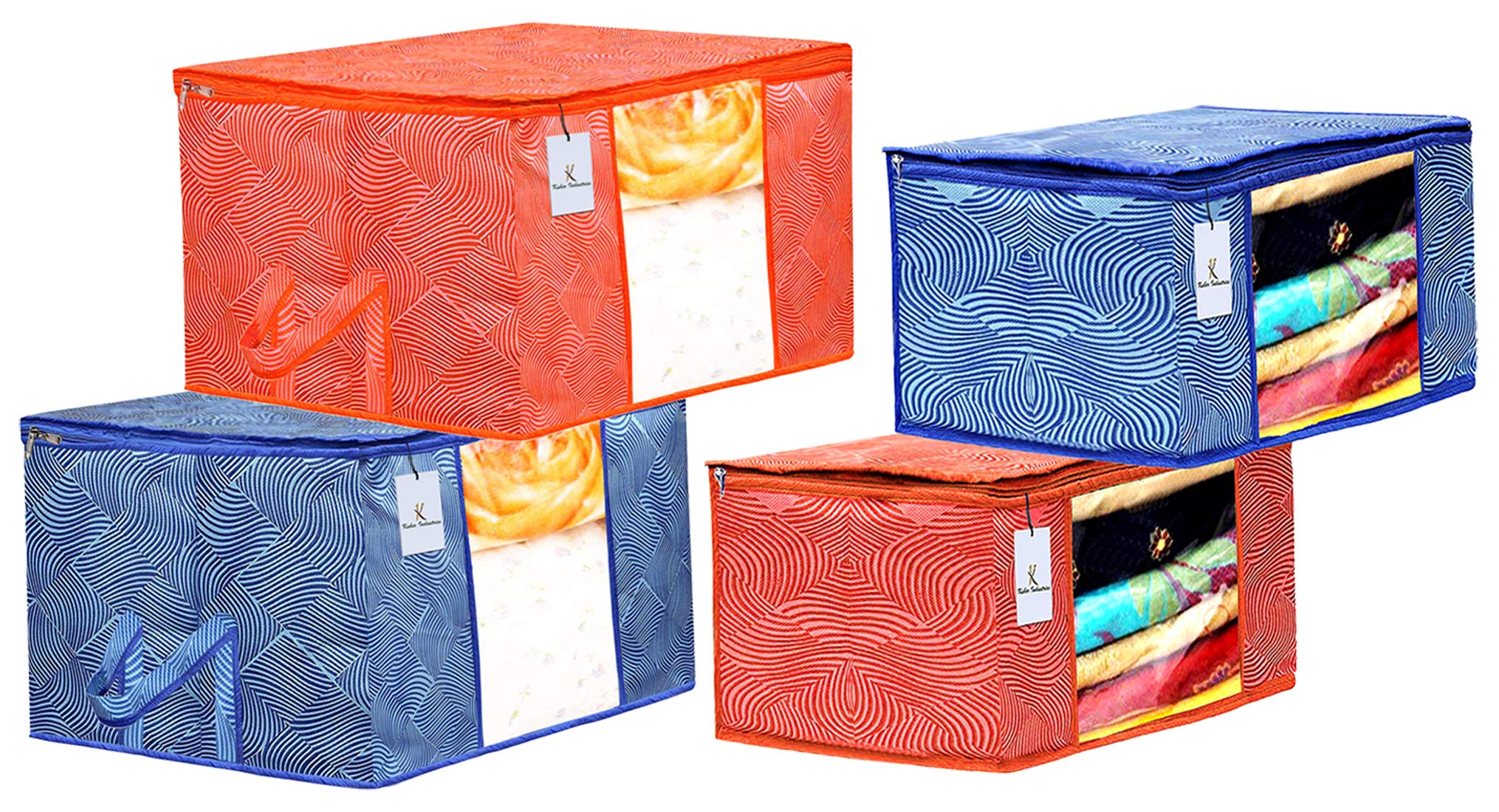 Kuber Industries Leheriya Printed 2 Piece Non Woven Saree Cover and 2 Pieces Underbed Storage Bag, Storage Organiser, Blanket Cover, Orange & Blue -CTKTC42397-image-9