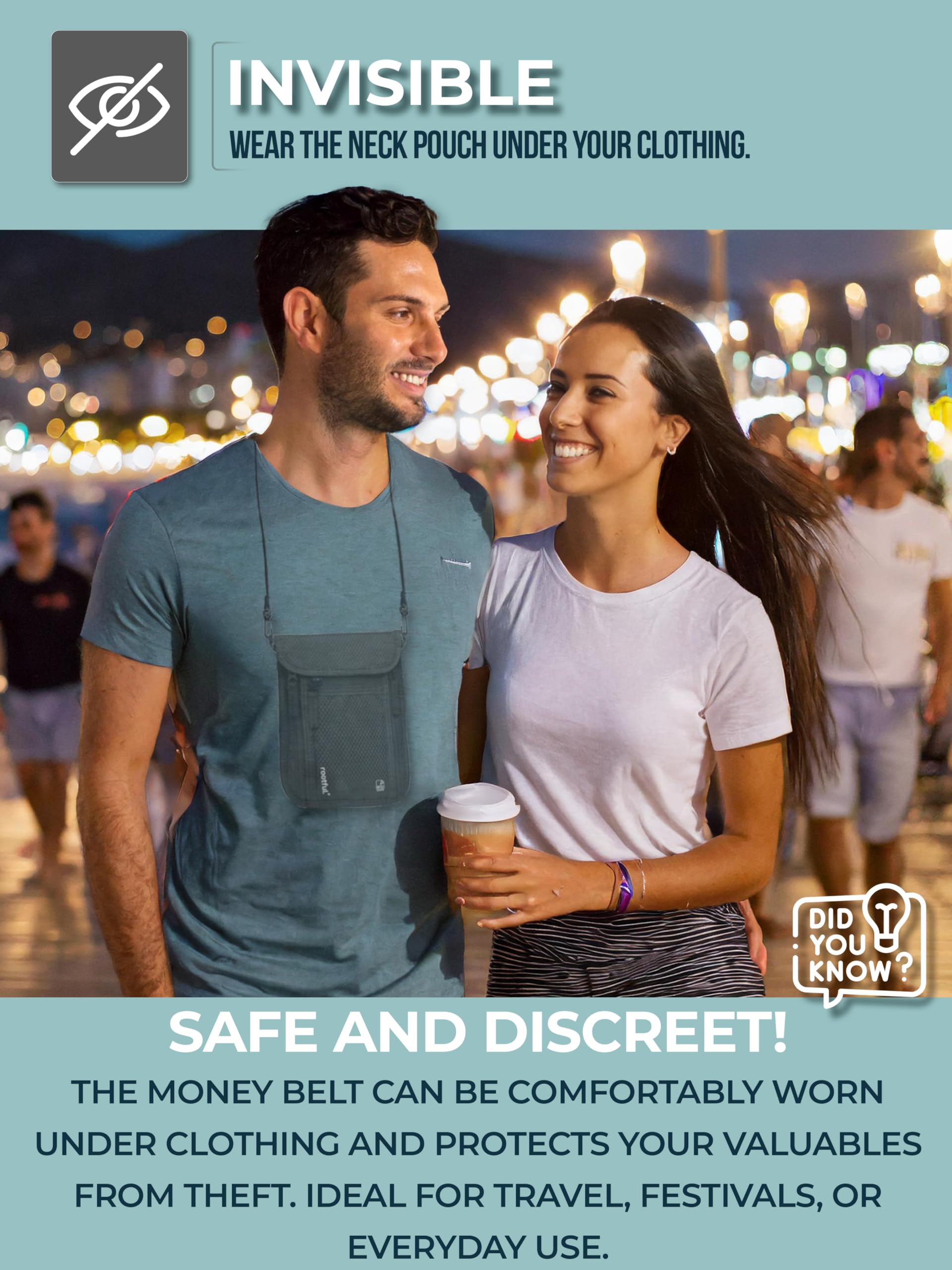 rootful.® Portadocumentos de Viaje RFID – Cartera de Cuello Impermeable con Correa Ajustable, para Pasaporte, Documentos, Dinero, Smartphone y más, con 6 Bolsillos para Hombre y Mujer