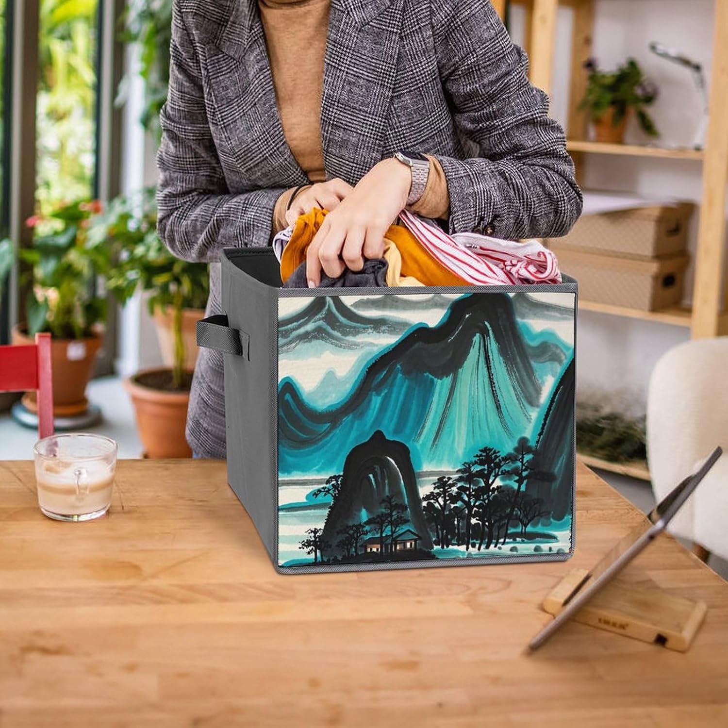 Landscape Patterns Foldable Storage Box with Handles, Durable Oxford Storage Cubes, 2PCS Collapsible Closet Organizer for Home, Shelf, Office, Travel