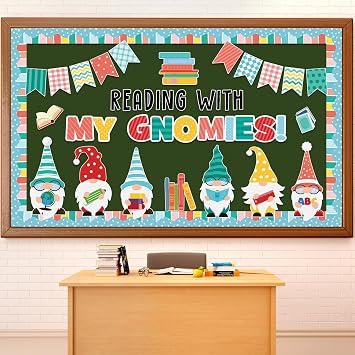 Justforjoyful 57pcs Back to School Gnomes Bulletin Board Set Reading with My Gnomies Bulletin Board Classroom Decoration Gnomes Books Cutouts for Home School Library Wall Chalkboard Decor Supplies