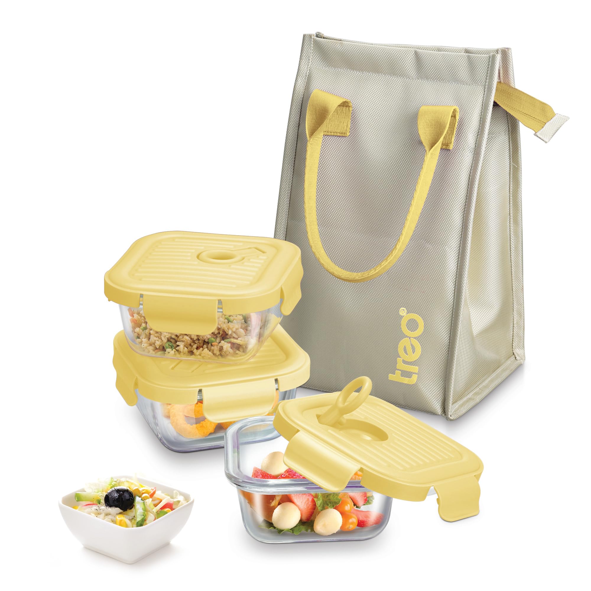 Treo by Milton Lumino Fresh Square Borosilicate Glass Lunch Box Set of 3, Yellow Lid, 320 ml Each with Lunch Bag, Microwave & Dishwasher Safe, Leak Proof Containers Office Tiffin
