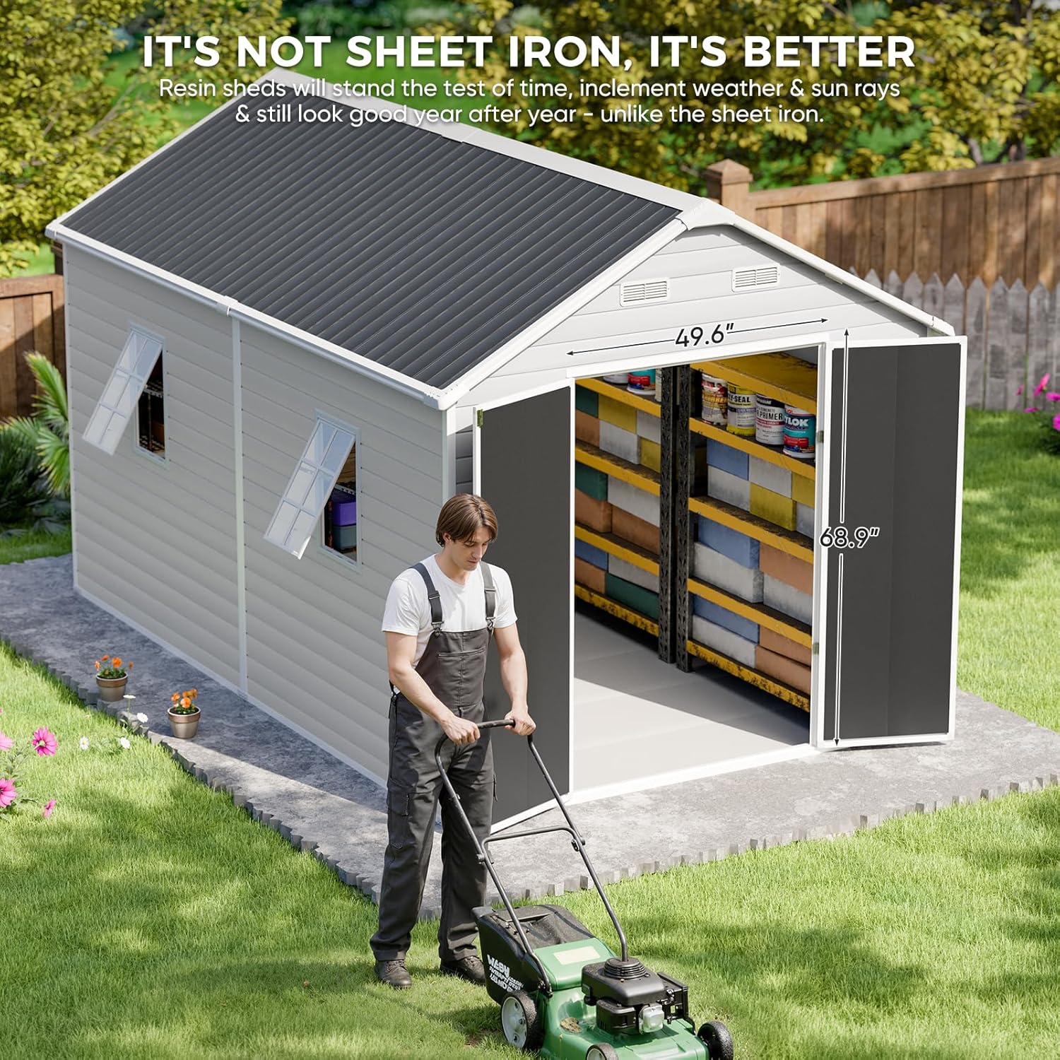 CDCASA Resin Storage Shed 8x12 FT, Waterproof Outdoor Sheds Heavy Duty Aluminum Frame Outside Plastic Tool Shed with Adjustable Openable Windows, Lockable Door for Backyard, Garden, Lawn, Dove Grey