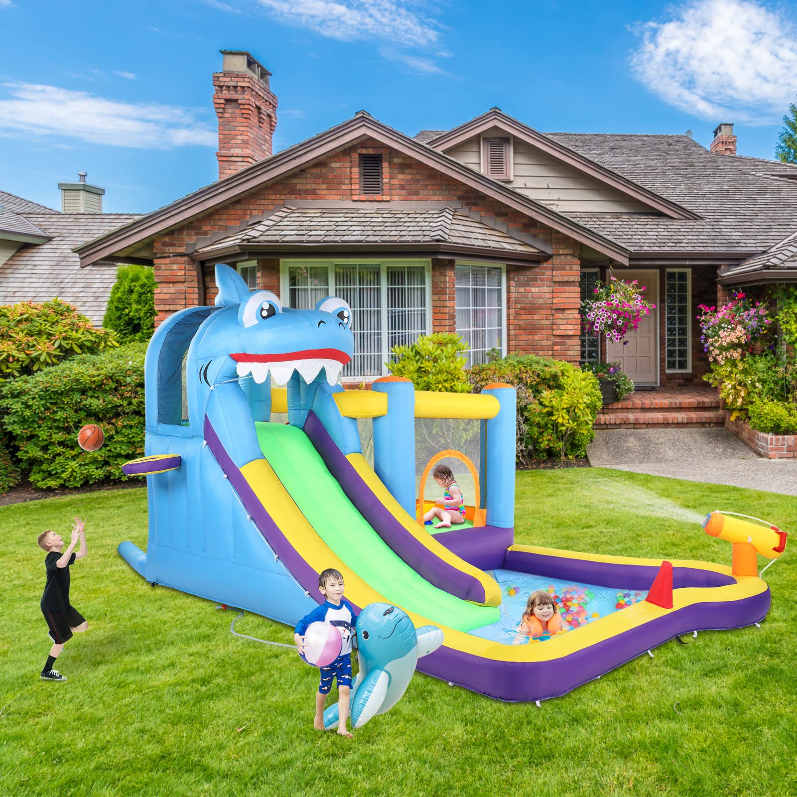 LEADZM Hüpfburg mit Gebläse, Aufblasbare Wasserpark mit Hai-Thema, mit Trampolin, Rutsche, Schwimmbecken, Wasserpistole, Geeignet für 3 Kinder im Alter von 3 bis 10 Jahren, 380x260x240 cm
