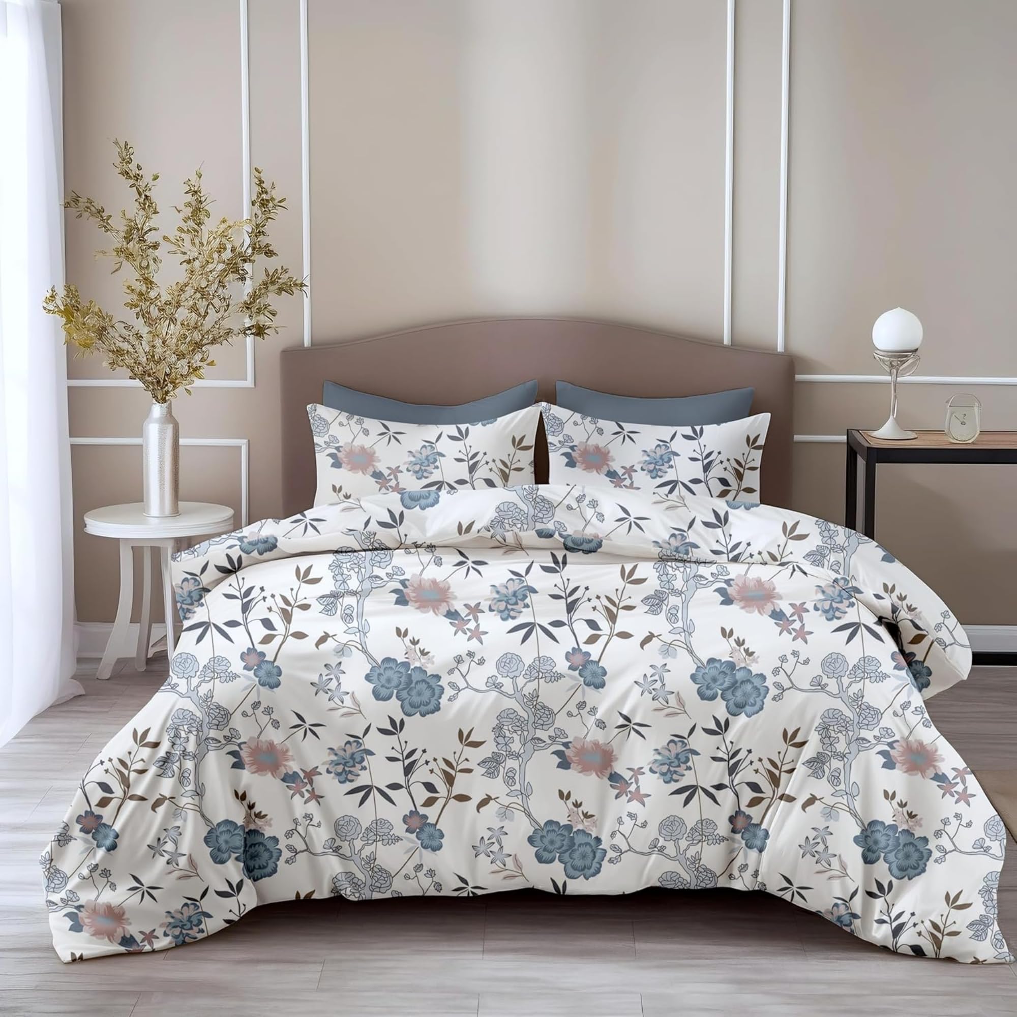 LORETO - A QUALITY LINEN BRAND 100% Pure Cotton Bedsheet for Double Bed, 144TC Soft & Breathable Double Bed Bedsheet with 2 Pillow Covers (Blush & Blue Meadow Blooms, 88 x 90 Inches)