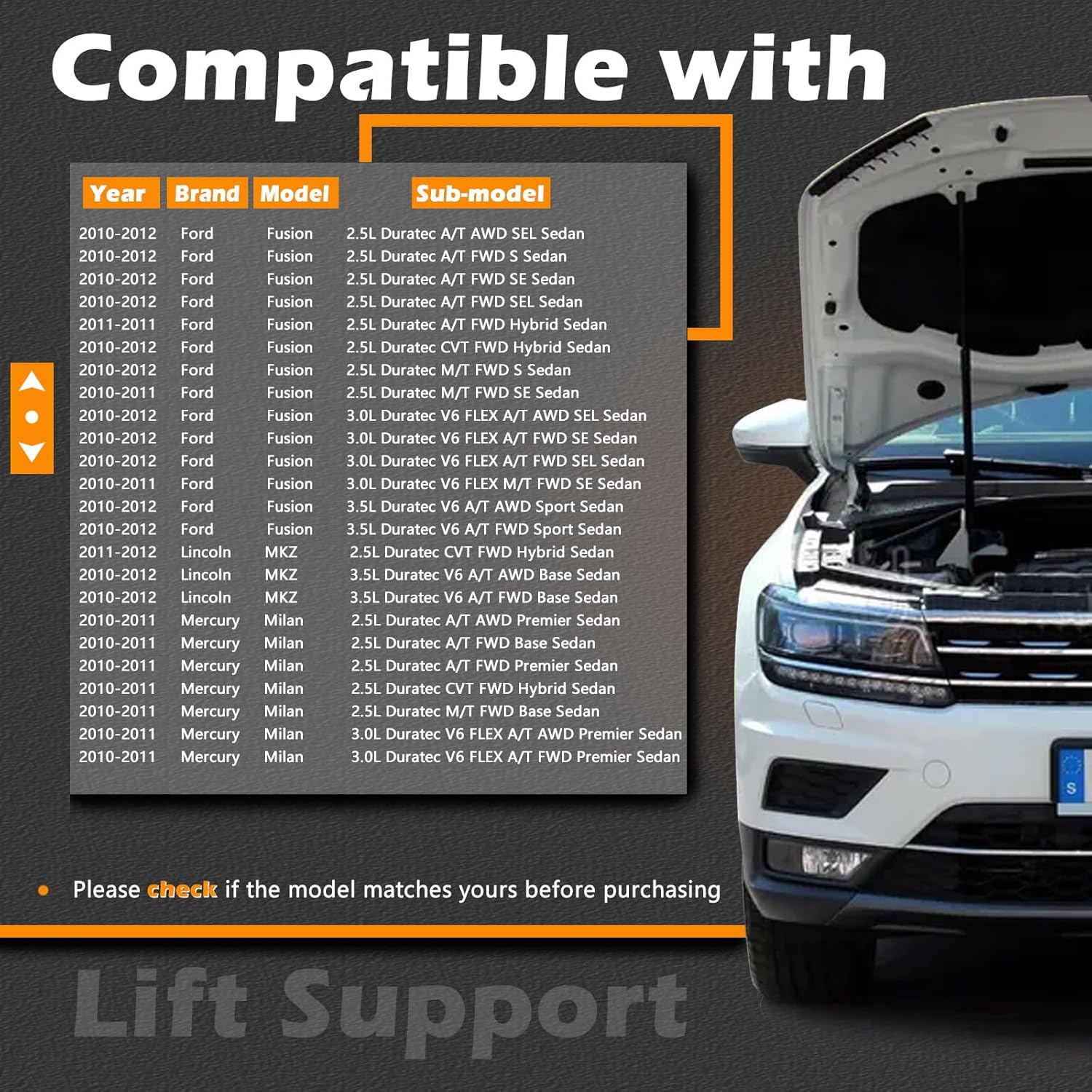 2 Pcs 11.54 in Liftgate Trunk Struts Lift Supports Compatible with Ford Fusion for Lincoln MKZ for Mercury Milan 10-12 w/o Spoiler Shock Gas Spring Cylinder Rear Back Tailgate Hatch OE# AH6Z54406A10A