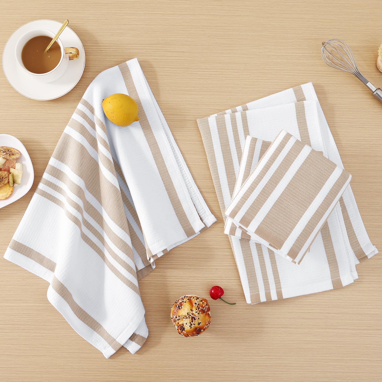 Homaxy Lot de 8 grands torchons de cuisine de qualité supérieure 45,7 x 71,1 cm, en coton de 380 g/m², torchons de cuisine à rayures et en éponge, très absorbants, avec boucle de suspension, kaki