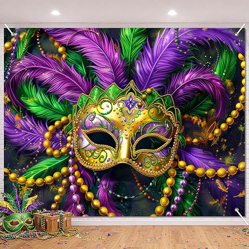 BlissYard Mardi Gras Photo Backdrop Feather Mask and Beads 8x6ft