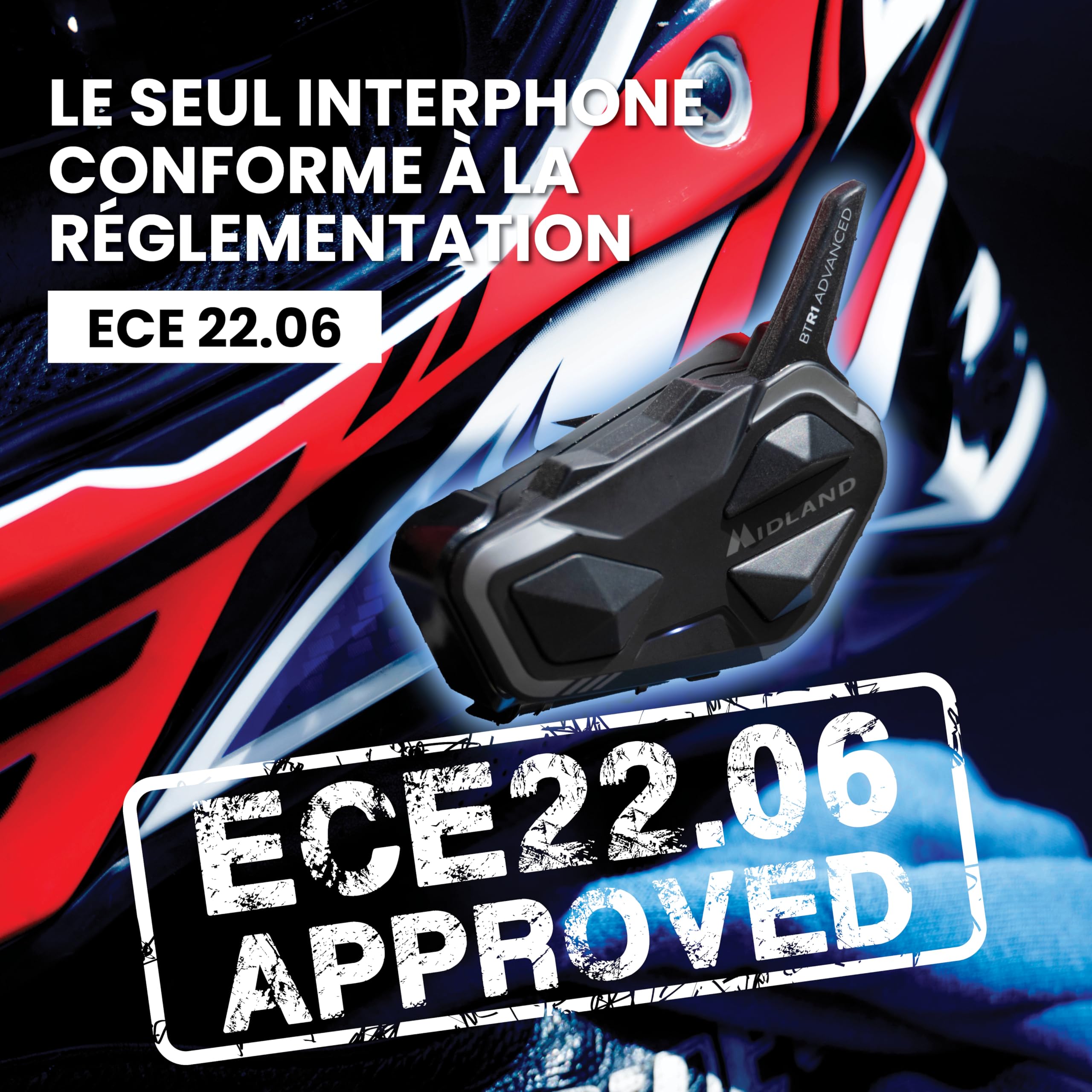 Midland - Intercom Moto BTR1 Advanced Solo X C1529.05, Écouteurs Bluetooth sans Fil Casque Moto Étanche IPX6, Portée 1,2Km Anti Bruit, Audio RCF HD, 4 Personnes Compatible TFT, Fonction VOX