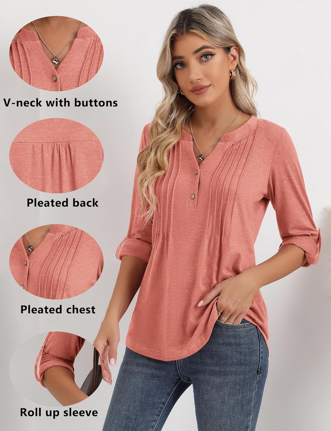 3/4 Sleeve Tops for Women V Neck Henley Long Sleeve Dressy Casual Shirts Ladies Loose Button-up Blouses Tunic - Image 4