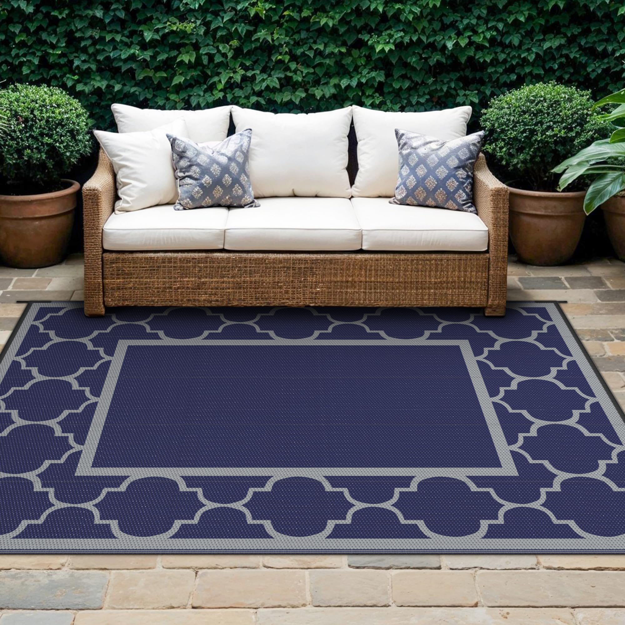 GENIMO Outdoor Rug 180x275cm,Garden Rugs Waterproof Reversible Plastic Carpet, Washable Large Outdoor Rug for RV, Patio, Camping, Picnic, Deck, Camper,Blue & Gray