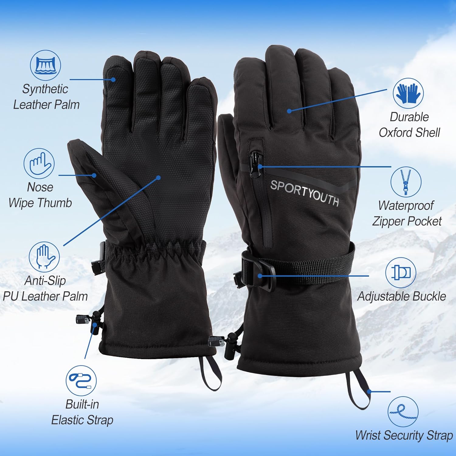SPORTYOUTH Winter Ski Gloves Men Women -10℉ Waterproof Windproof Warm Snow Glove and 32oz USDA Certified Organic Castor Oil in Glass Bottle Cold Pressed 100% Pure Hexane Free Unrefined
