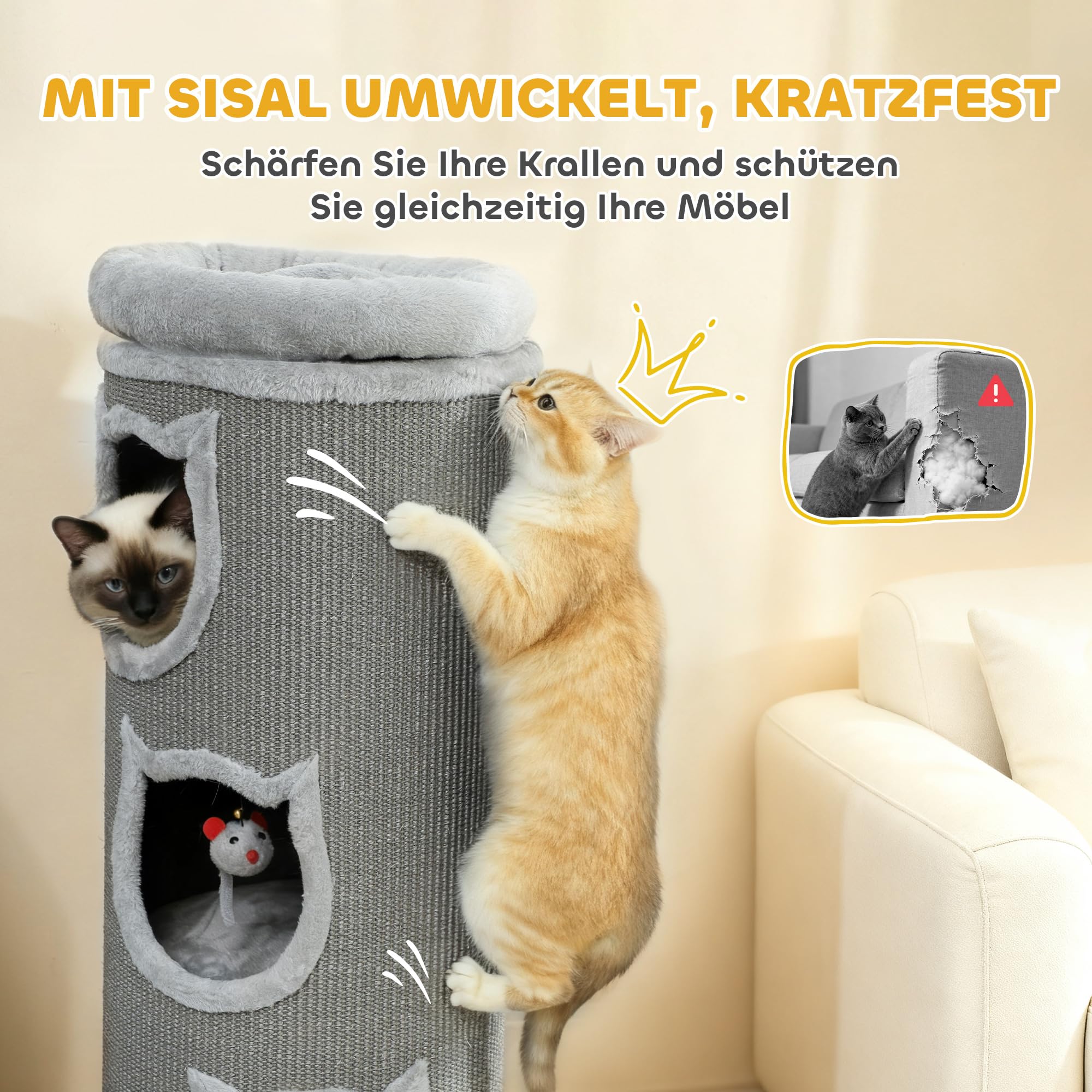 PawHut Kratztonne 96 cm Hoch Ø 38 cm vierstöckige Katzentonne mit Plüschrand, abnehmbarem und waschbarem Plüschbett, Katzenhöhle, Kratzbaum für Katzen unter 6 kg, Grau