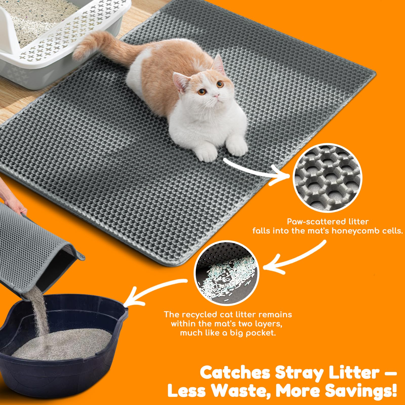 Extra Large Waterproof Cat Litter Mat - New 31x24 Inch Honeycomb Double Layer Traps Litter, Waterproof & Non-Slip Floor Protector, Easy Clean, Odor-Free, Dark Gray - image 6