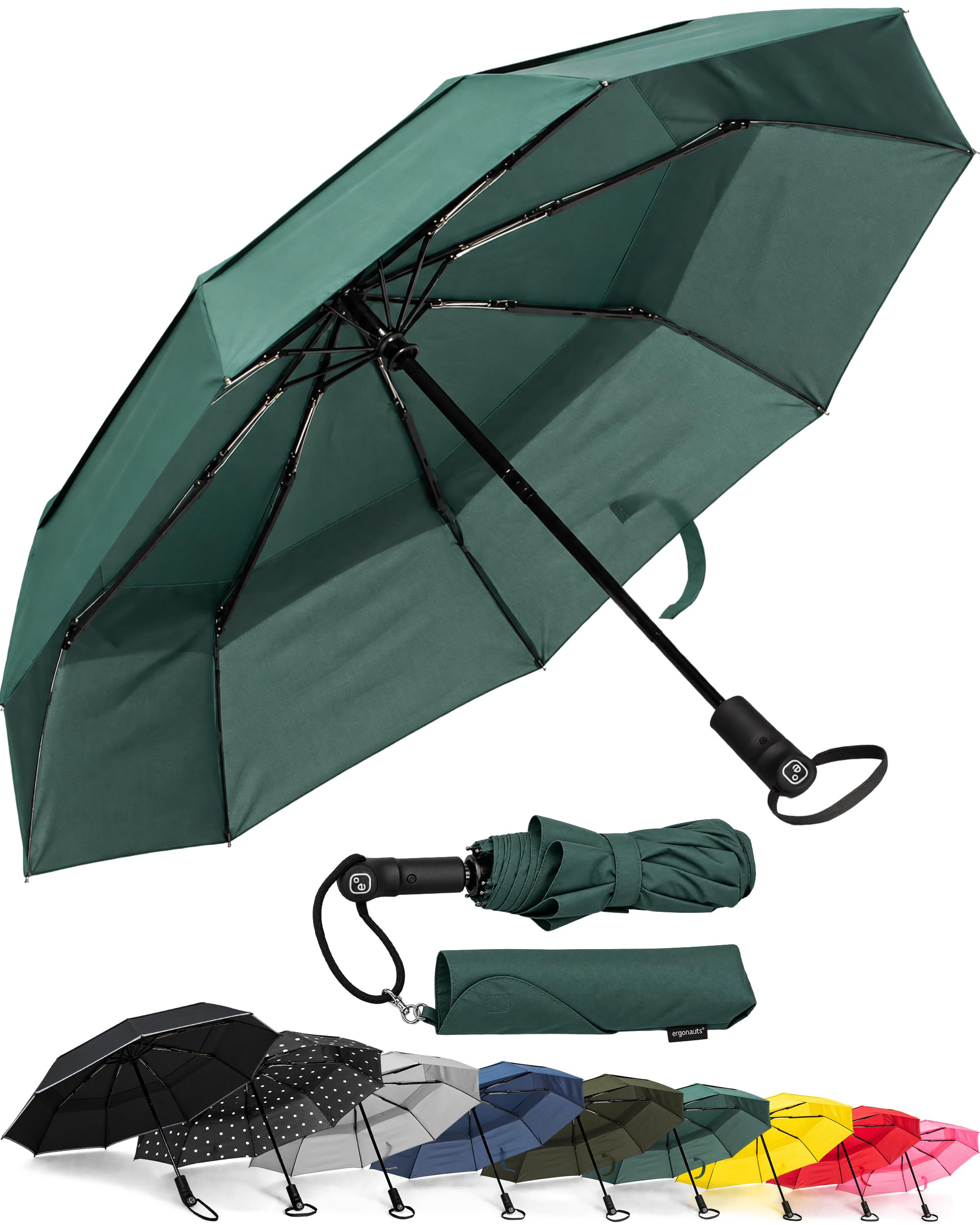 Ergonauts Reise-Regenschirm, Winddicht, belüftet, mit doppeltem Schirmdach – mit Teflon-Beschichtung, ergonomischem Griff und Schutzhülle. Tragbar, kompakt, faltbar und leicht (Waldgrün)